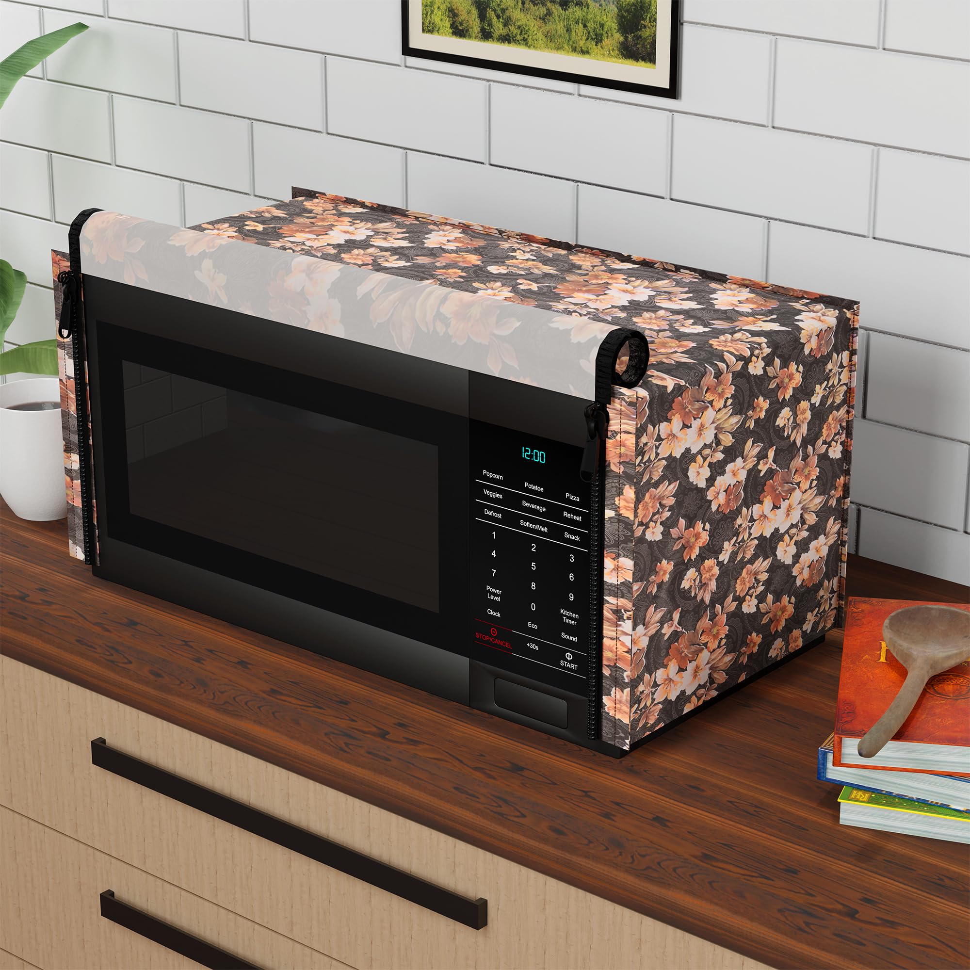 Kuber Industries 23L PVC Dustproof & Spill Resistant Microwave Cover with Ventillation Mesh | Durable Convection & Oven OTG Covers/Accessories for Home Decor | Multi Floral-Grey&Brown-image-8