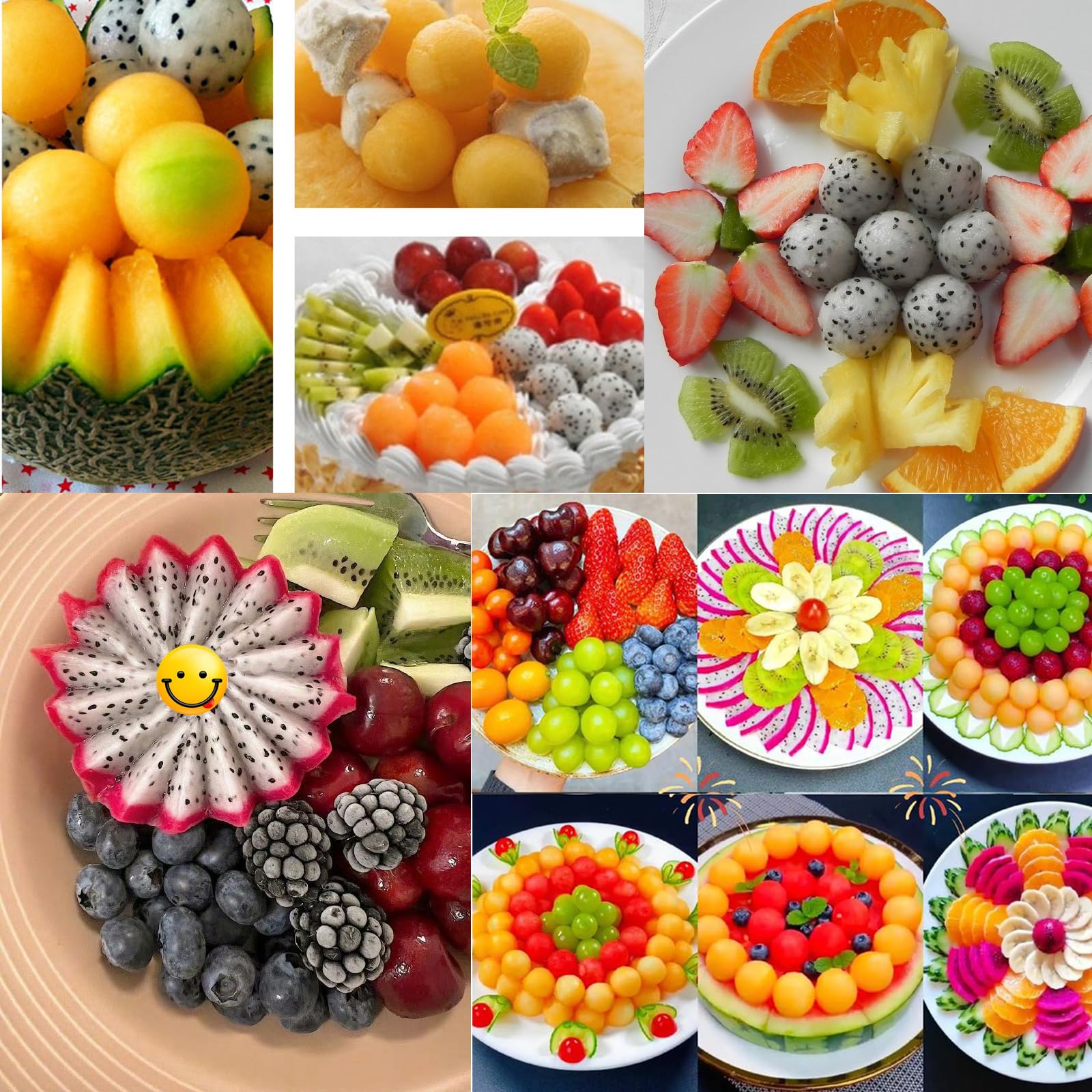 Juego de bolas de melón de acero inoxidable de doble extremo con mango de madera, herramientas de tallado de frutas, formas de cortador de frutas
