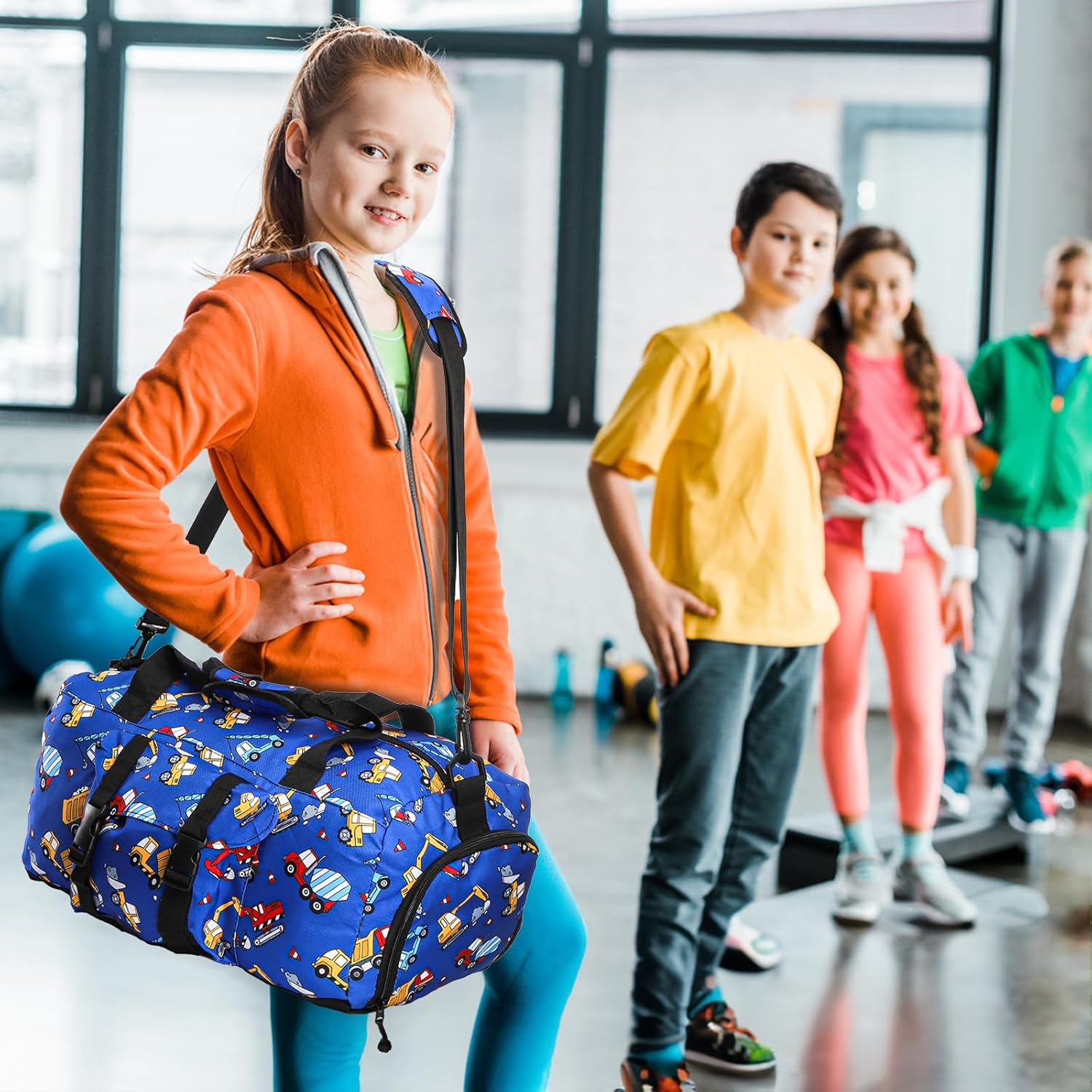 Gym Travel Duffle Bag, Carry On Gymnastics Sports Dance Bag with Shoes Compartment, Cartoon Car Pattern Overnight Weekender Bags for Fitness, Workout - Image 6