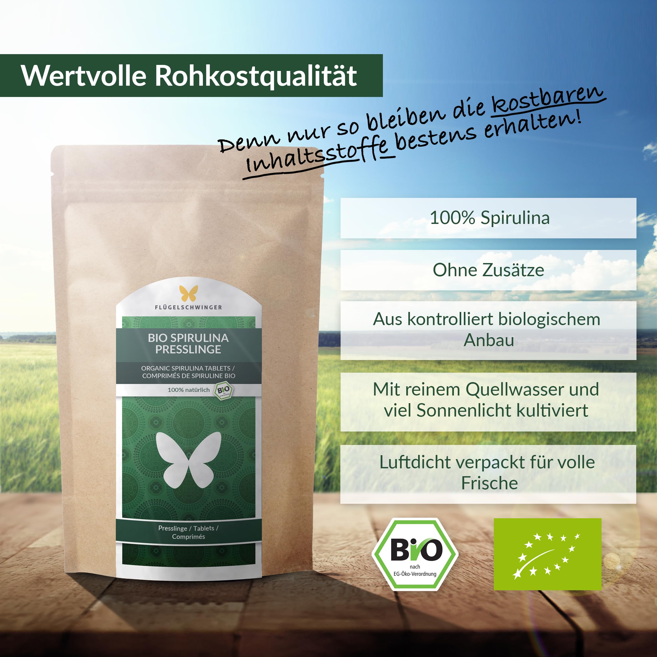 1kg BIO Spirulina Presslinge, 4000 Tabletten 'a 250mg, 100% natürlich, nach EU-ÖKO-Standard kultiviert und hergestellt, Rohkostqualität, ohne Zusätze (1000g)