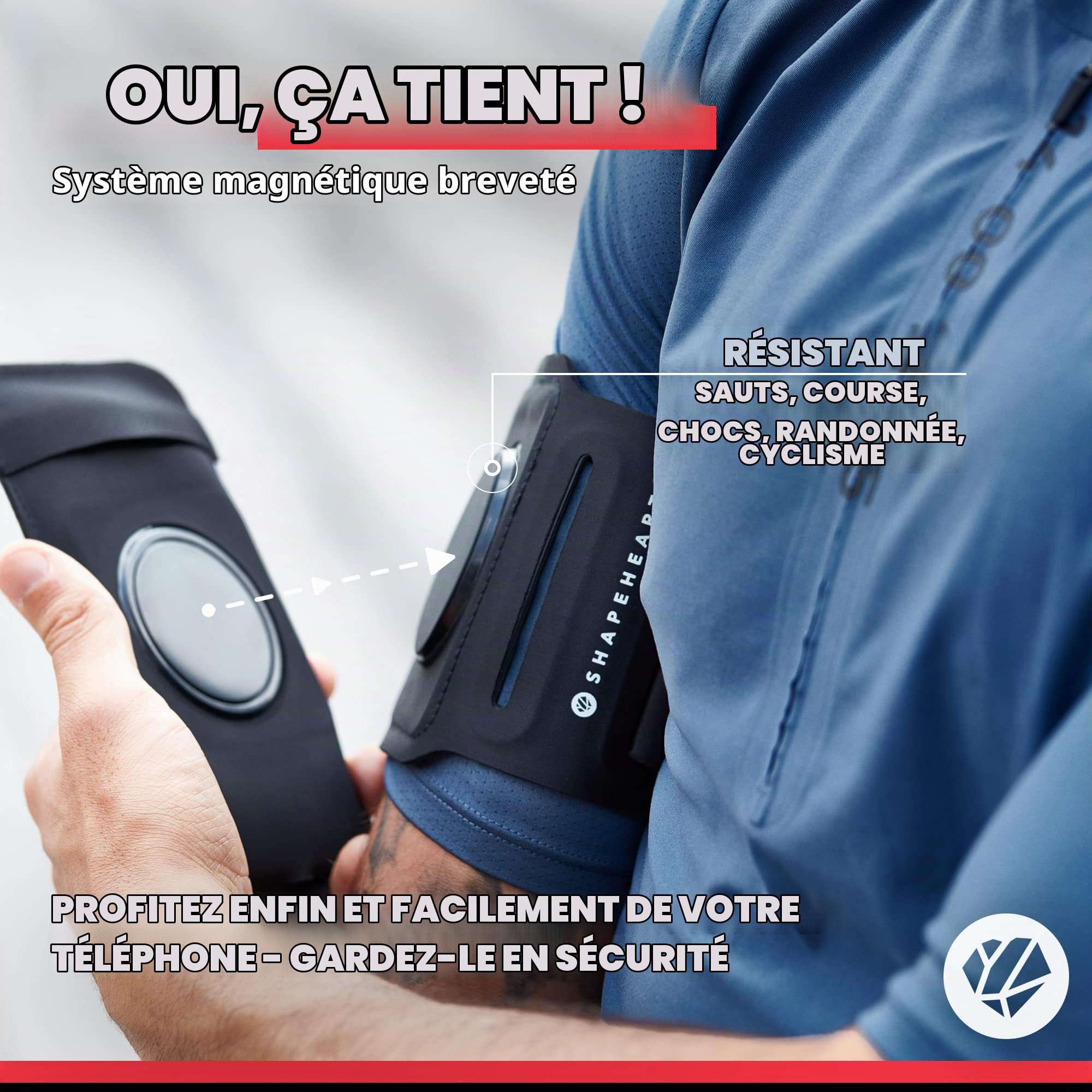 Shapeheart innovation française, Brassard téléphone sport universel pour running, course à pied, rando... Brassard pour smartphone avec pochette magnétique détachable imperméable