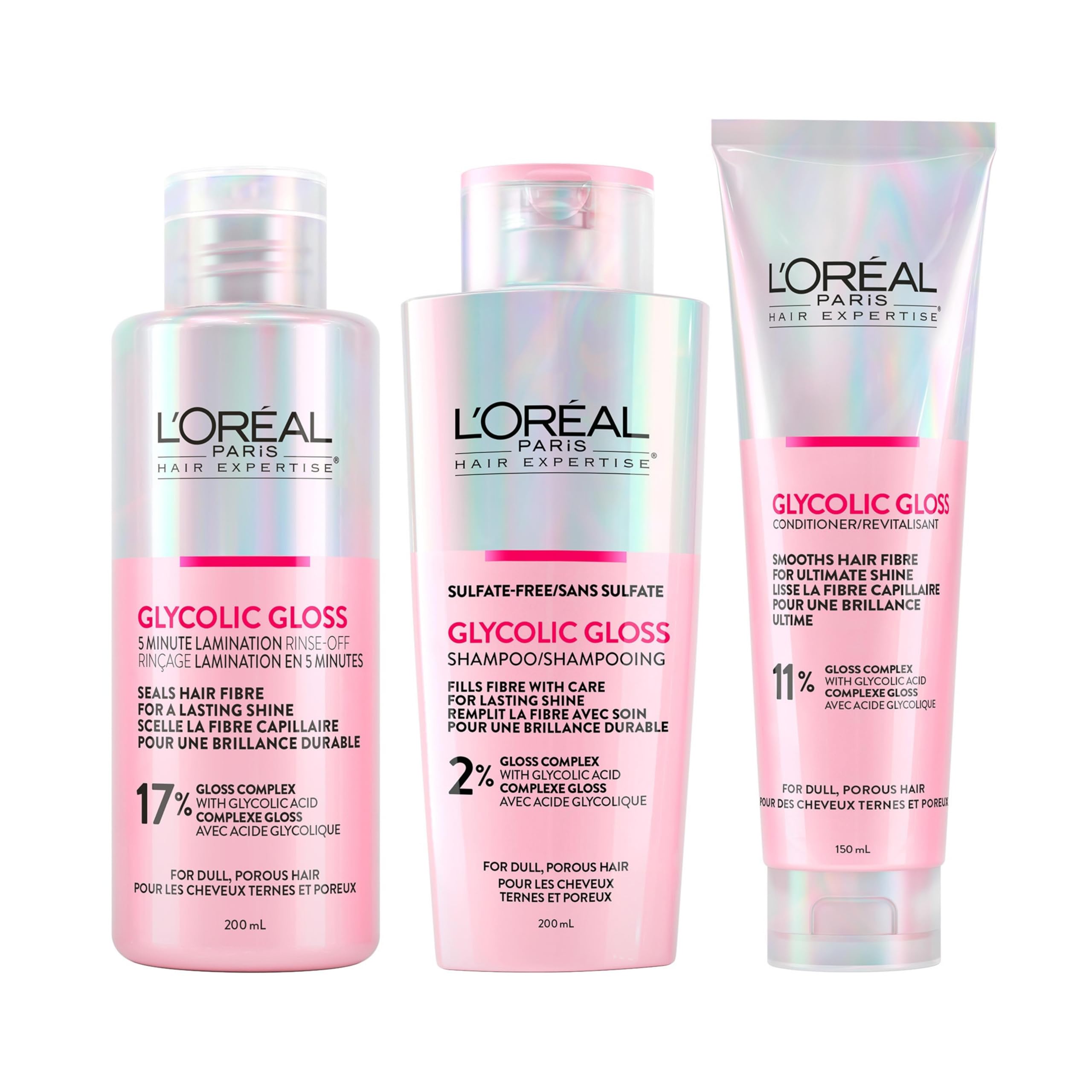 L'Oréal Paris Hair Expertise Glycolic Gloss Shine Trio Set, With Glycolic Acid For Shine and Smoothness, (3x Pieces, Shampoo, Conditioner, Treatment)