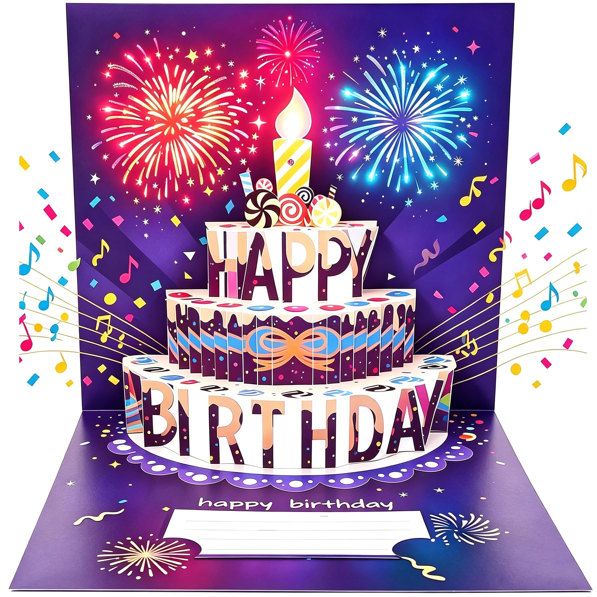 Tarjetas de cumpleaños con diseño de fuegos artificiales, luces, música y sonido de fuegos artificiales en 3D, tarjetas de cumpleaños emergentes con sobre y etiqueta para notas, luz y música soplables