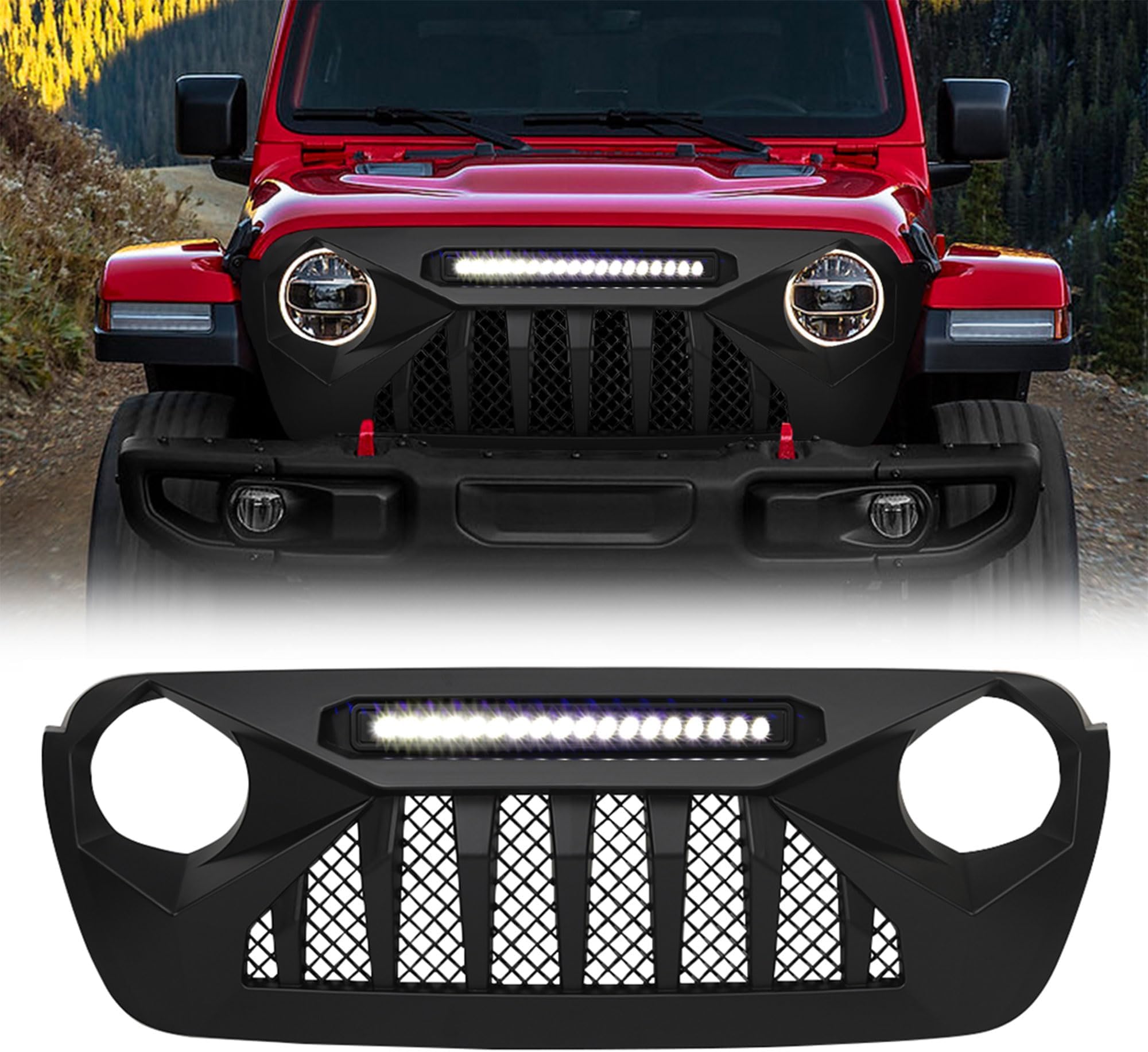 AMERICAN MODIFIED Demon Grille with LED Off Road Lights Compatible with 2018 to 2021 Wrangler JL and Gladiator JT without Trailcam, Matte Black