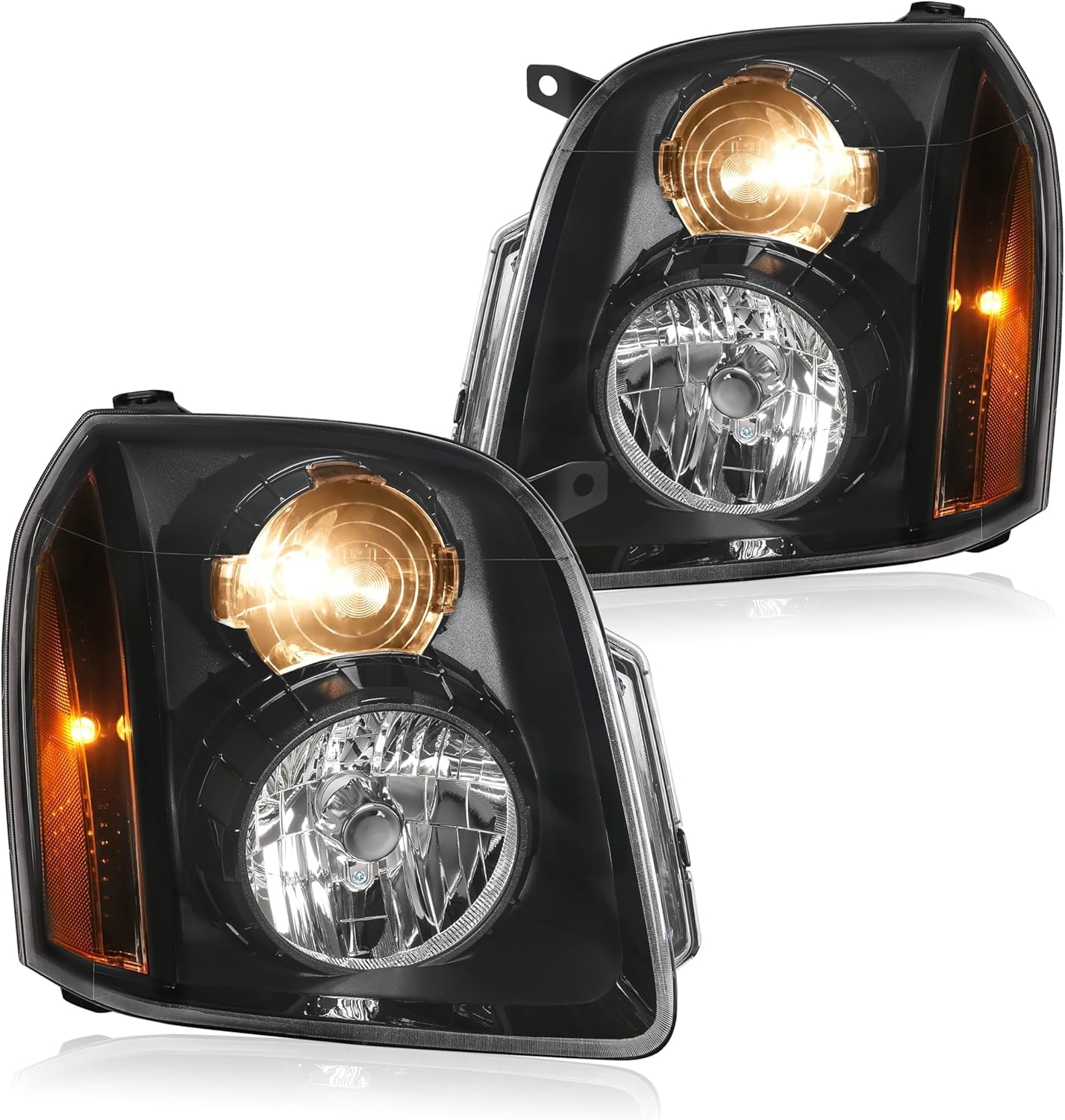 HECASA Pair Headlights Compatible with 2007-2014 GMC Yukon XL 1500 Denali Replacement for GM2503318 GM2502318 20969897 20969896 Halogen Headlamp w/Bulbs Clear Lens + Black Housing