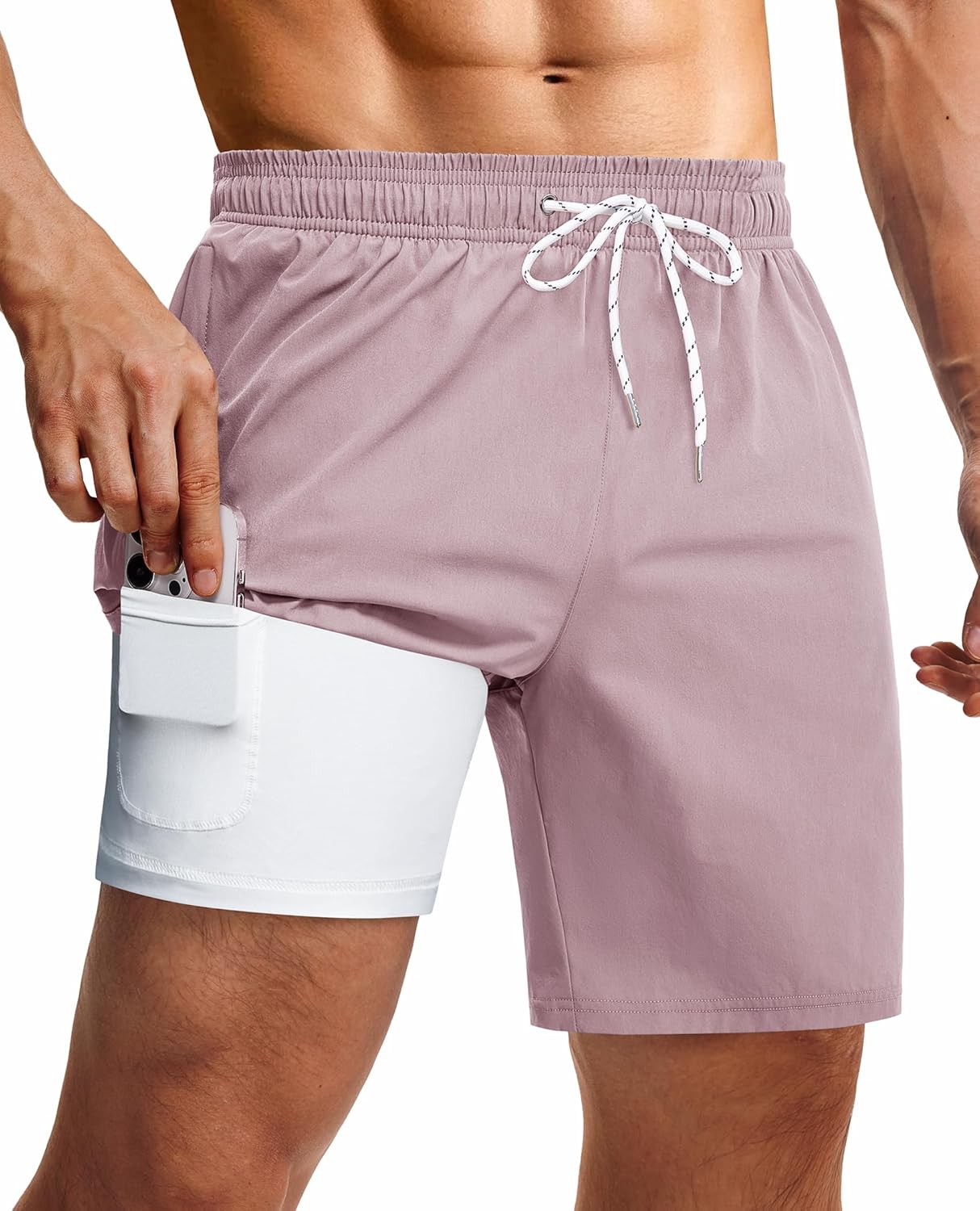 Milin Naco Mens Swim Trunks: 9 Inch 2 in 1 Compression Liner Quick Dry Stretchy Lined Beach Water Sport 13-pink Medium