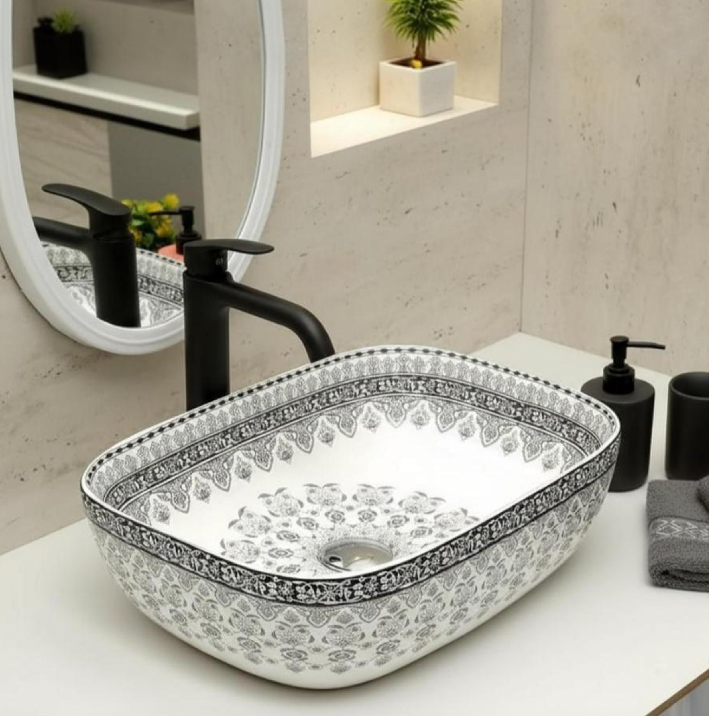 BASSINO 18x13x6 Inch Ceramic Counter Top Wash Basin/1 Year Warranty/White & Black Basin for Bathroom/Moroccan Design/Rectangular Tabletop Washbasin for Restaurant/Dining Hall/Living Room/Home(Glossy)