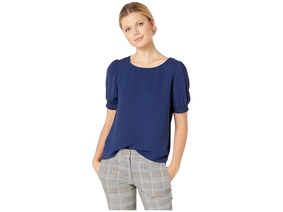 

American Rose Analia Short Sleeve Top w/ Smocking (Midnight) Women's Blouse, Navy