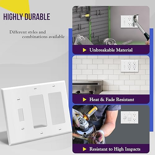 Miniatura 4 de ENERLITES Placa de pared combinada de salida basculante de palanca individualdoble decorador, tamaño estándar de 3 bandas (4.5 x 6.38 pulgadas),