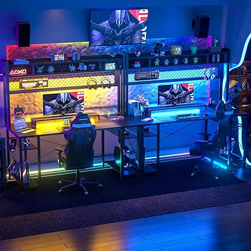 Miniatura 2 de iSunirm Escritorio para juegos 48 con gabinete, escritorio grande para computadora con LED y estación de carga, escritorio de oficina en casa con