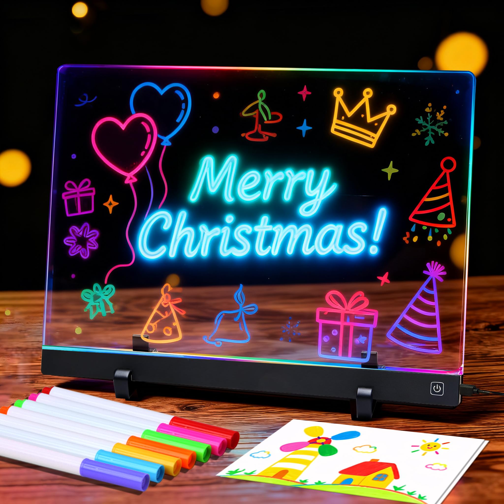 Pizarra de dibujo LED, 35 x 26 cm, pizarra de notas LED, pizarra de noticias luminosa, borrable, pizarra acrílica con bolígrafo de 7 colores, 4 modos de iluminación, regalo creativo para