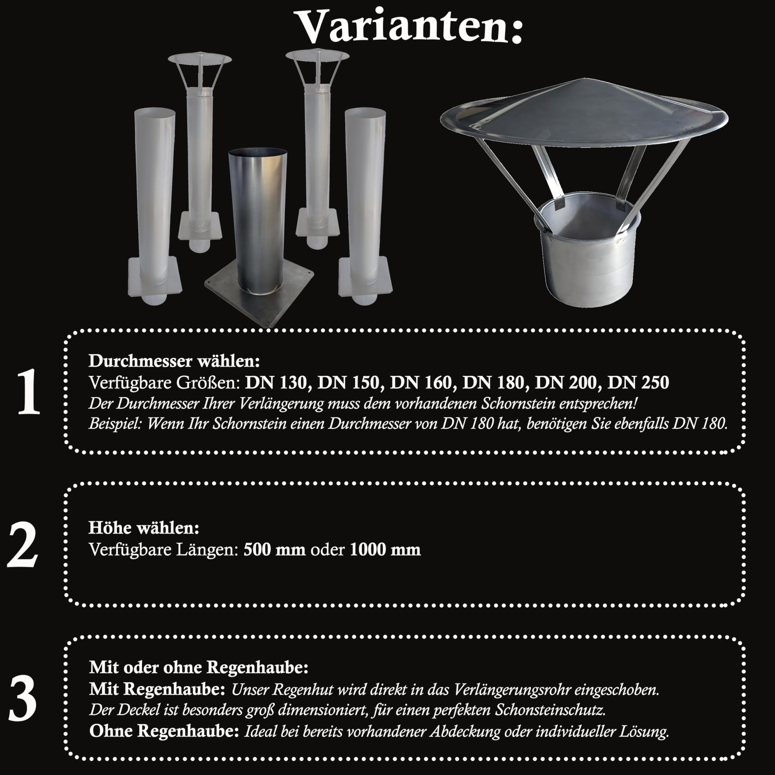 Massive Schornsteinverlängerung/Kaminverlängerung/Kaminerhöhung Edelstahl - DN 160, Höhe 500 mm