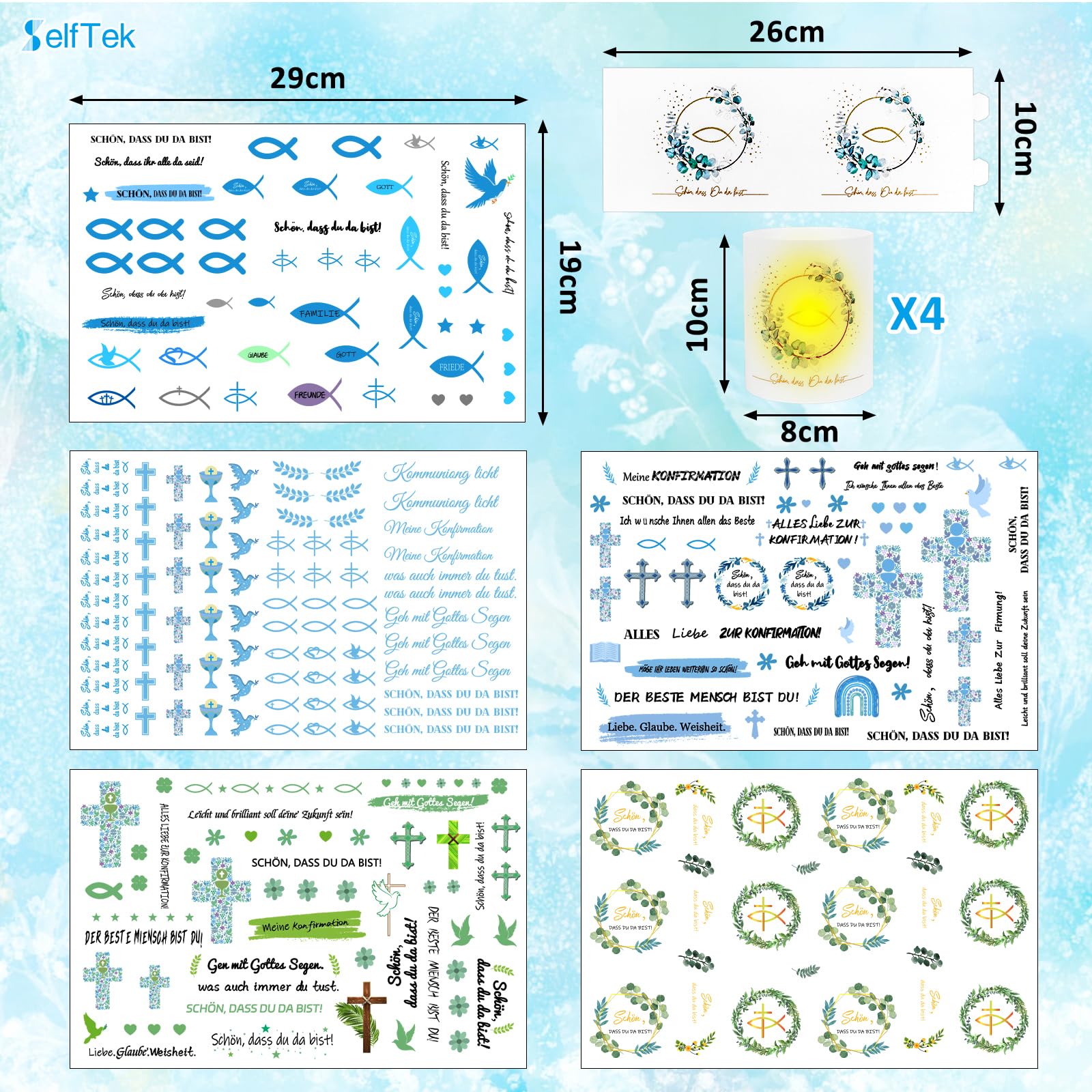 SelfTek Lot De 5 Tatouages De Bougies Pour Communion, 29 X 19 Cm, Avec 4 Photophores En Forme De Poisson, Décoration De Table, Pour Garçons Et Filles, PLDE1785