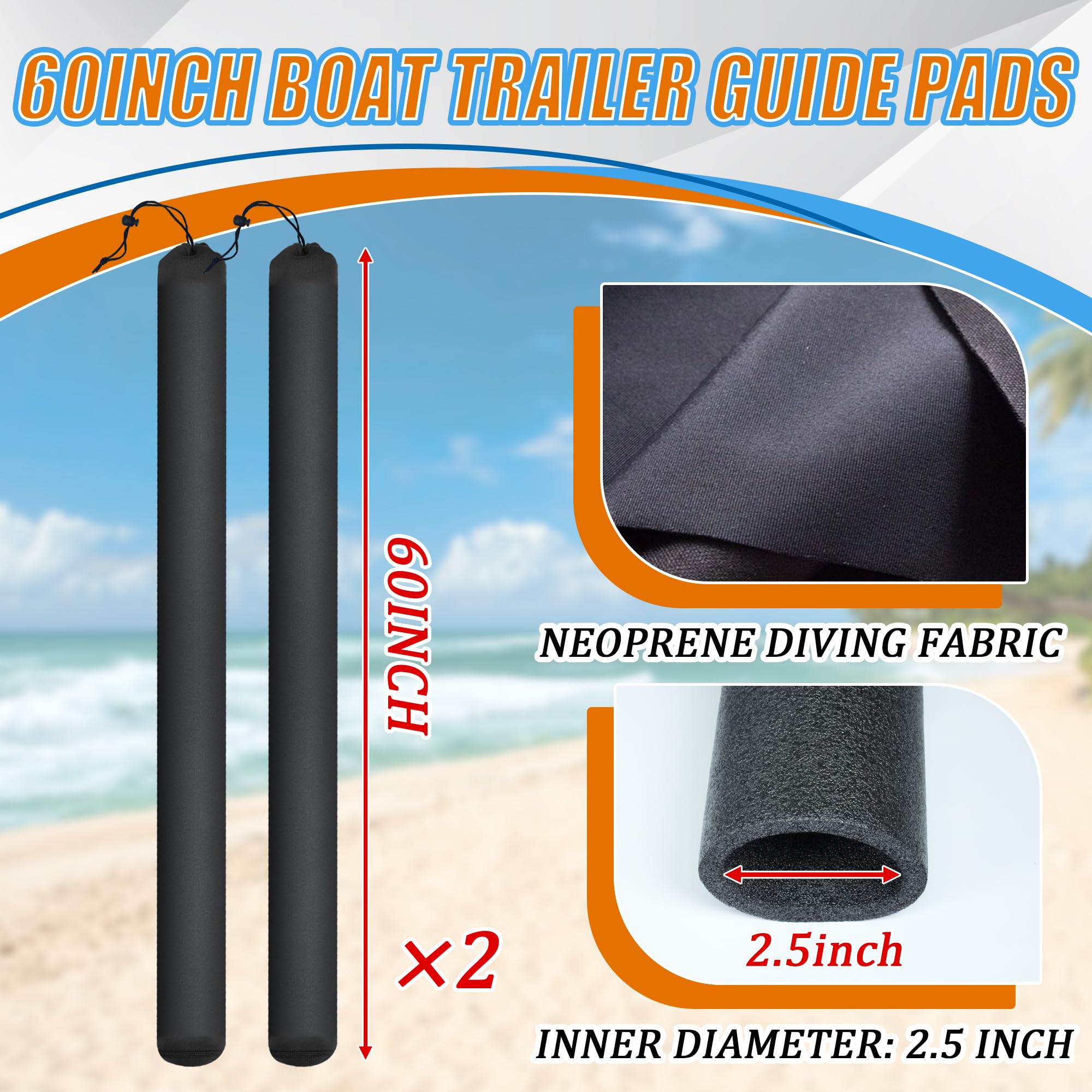 Desunqin 60 Inch Thickened Foam Boat Trailer Guide Pole Pad and Cover with Capped End Heavy Duty Boat Trailer Guide Pads for Ski Boat, Fishing Boat or Sailboat Trailer