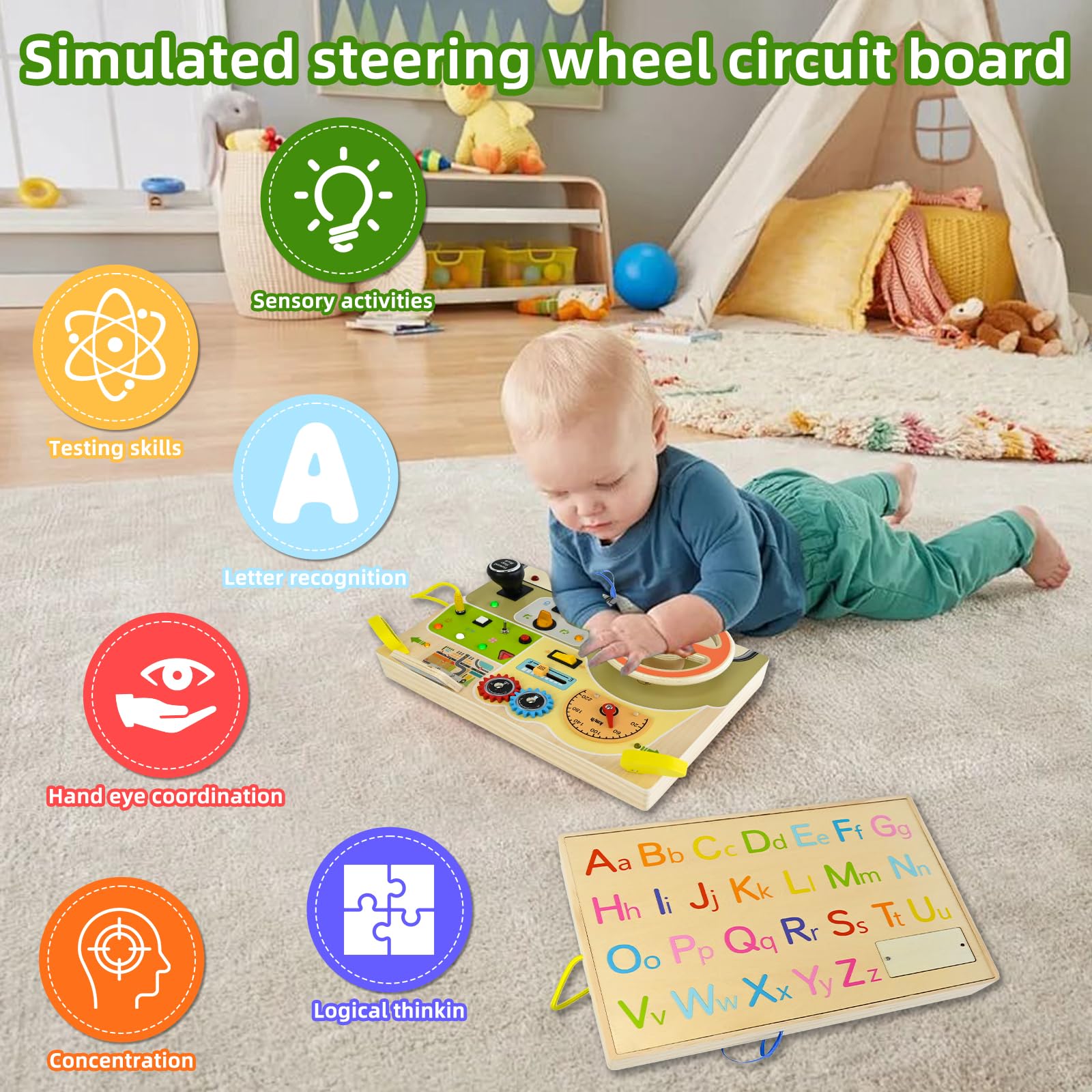 Ulikey Volant Analogique Montessori, Tableau Busy Board en Bois pour Bébés, Planche Occupée avec Volant Simulé et Interrupteurs Lumineux à LED, Enfants Activity Board Jouets avec Lettres