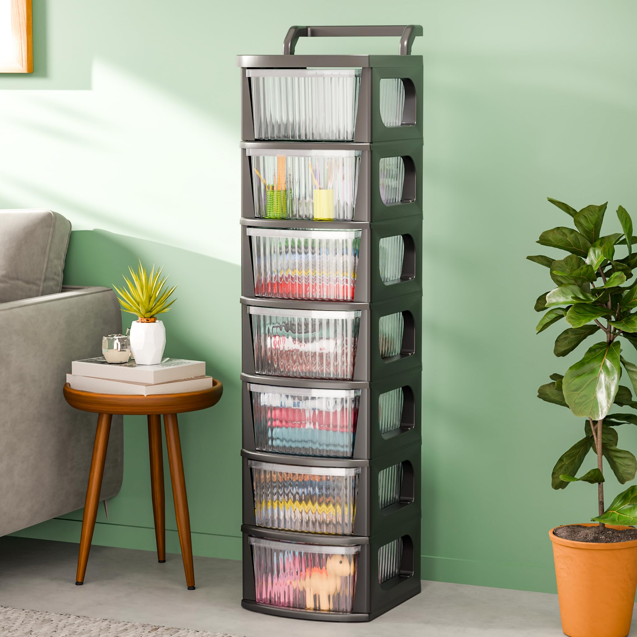 TEX-RO Stackable Plastic Drawer Cabinet with Wheels & Handle – Transparent Storage Box and Organiser for Kitchen, Bedroom, Kids | Movable Multipurpose Chest of Drawers Organisers Rack(7 Layer)-picture-19