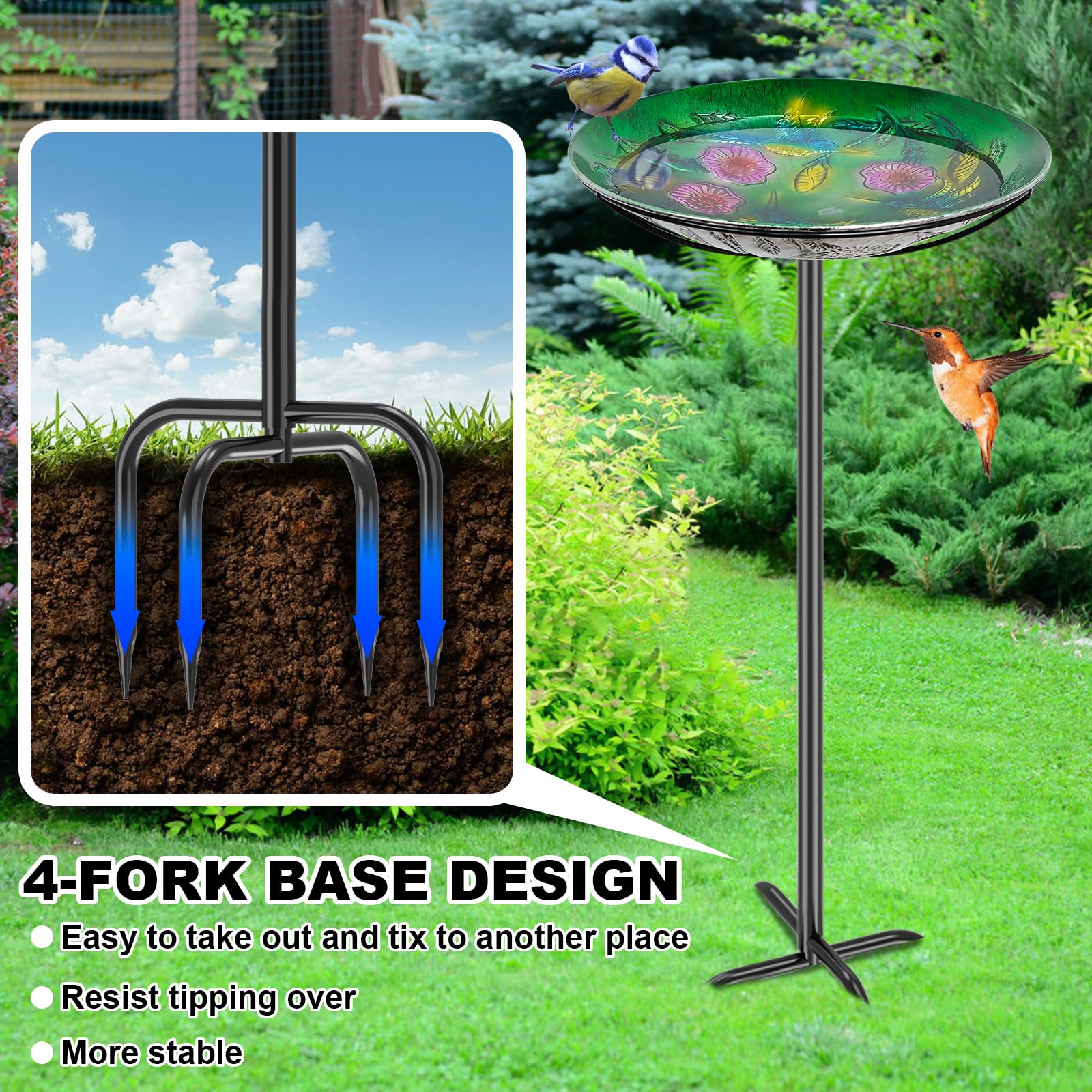 Bebedero para pájaros de pie para jardín, 100 cm, resistente al invierno, con estaca, baño para pájaros, jardín, de pie, resistente a las heladas, de metal, para pájaros, cuenco, bebedero de
