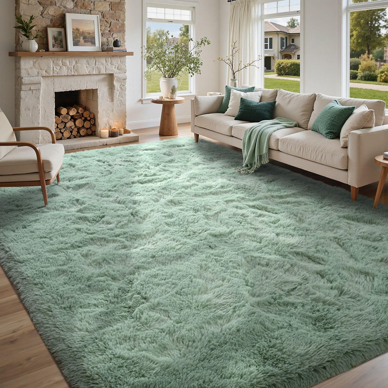 Tapis pelucheux vert sauge 1,2x2,1m pour chambre d'enfant et salon