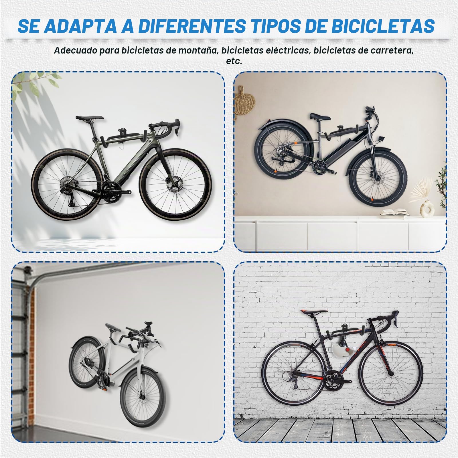 Soporte de Pared para Bicicleta, Plegable Colgador Bicicleta Pared con Gancho para Casco, Espuma Acolchada Capacidad de 30Kg Distancia Ajustables Colgar Bicicletas Pared para Garaje, Interior