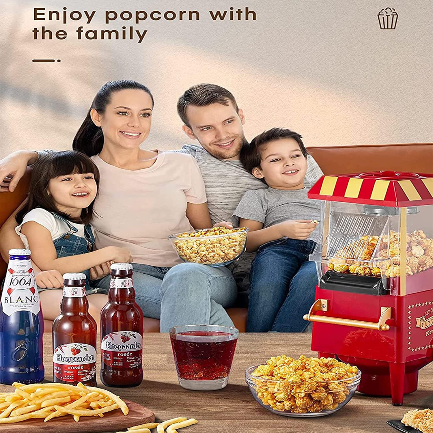 Macchina per Popcorn elettrica Senza Olio, Macchina per Popcorn ad Aria Calda da 1200 W, per Feste con Film in casa, con misurino e Coperchio Rimovibile