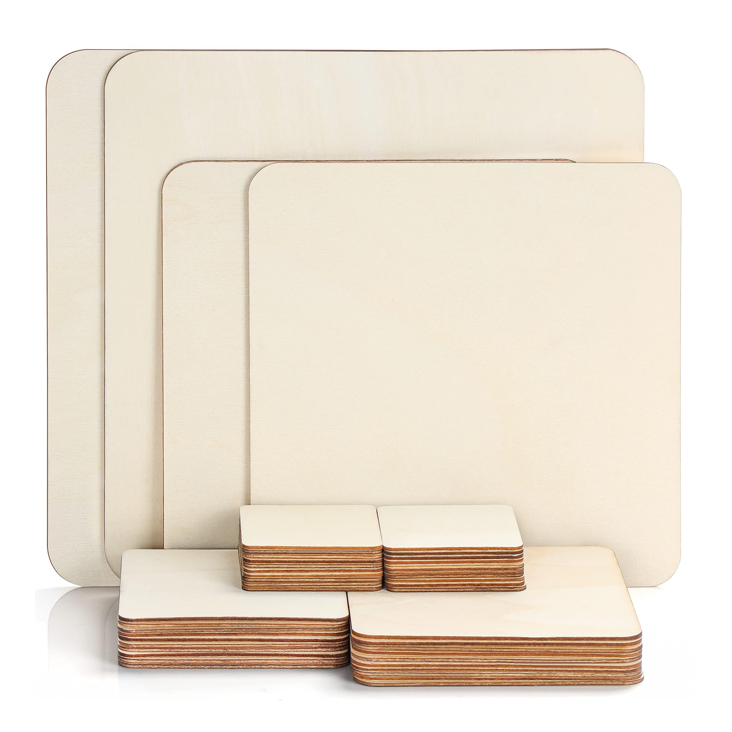 Belle Vous Unfinished Blank Wood Pieces (44 Pack) - 5 Sizes Natural Wooden Square Cutouts - Plain Coaster Slices For Diy Arts/Crafts, Painting, Pyrography/Wood
