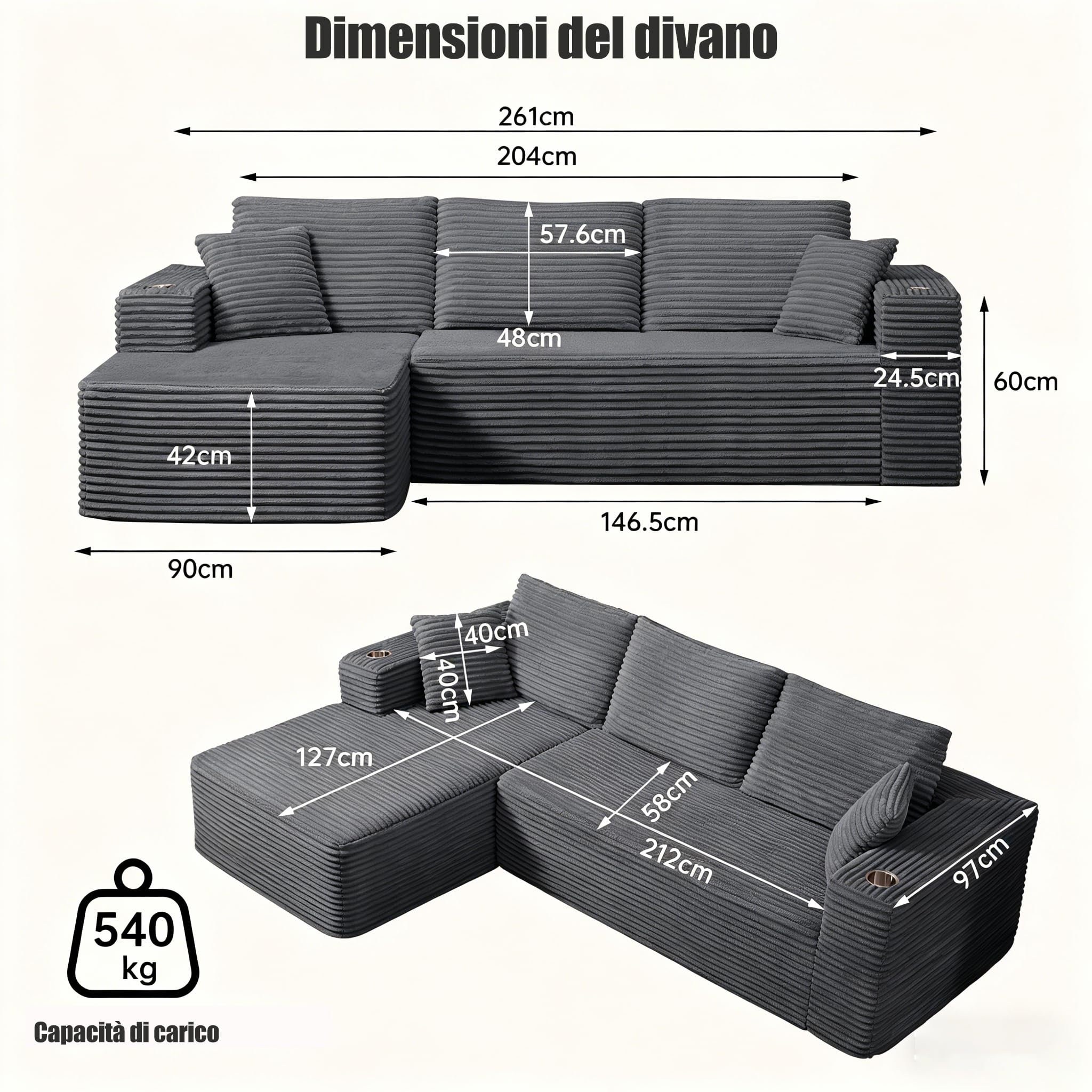Divano Modulare a Forma di L Divano ad Angolo Divano Letto, Boneless Couch con Portabicchieri, Liberamente Componibile Divano a 3 Posti 4 Posti Sofa Soggiorno Appartamento 261x146x60cm, Grigio