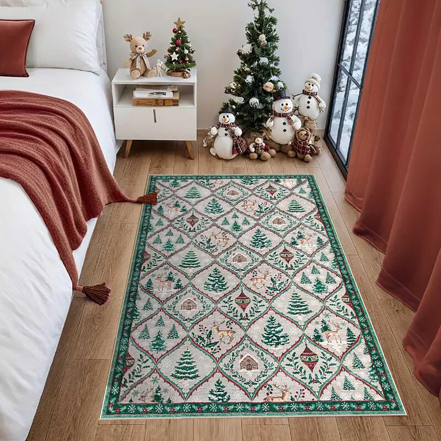 Alfombra Beige Salon Navideña,Alfombra Antideslizante Cocina de Navidad,con Diseño de Campana,Árbol de Navidad y Alce,Grande Alfombras Lavables para Dormitorio Comedor Entrada,B,80x120cm