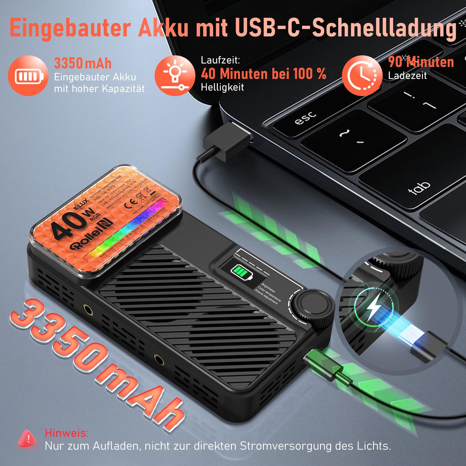 Rollei LUX Compact 40W RGB Led Videoleuchte mit Eingebautem Akku