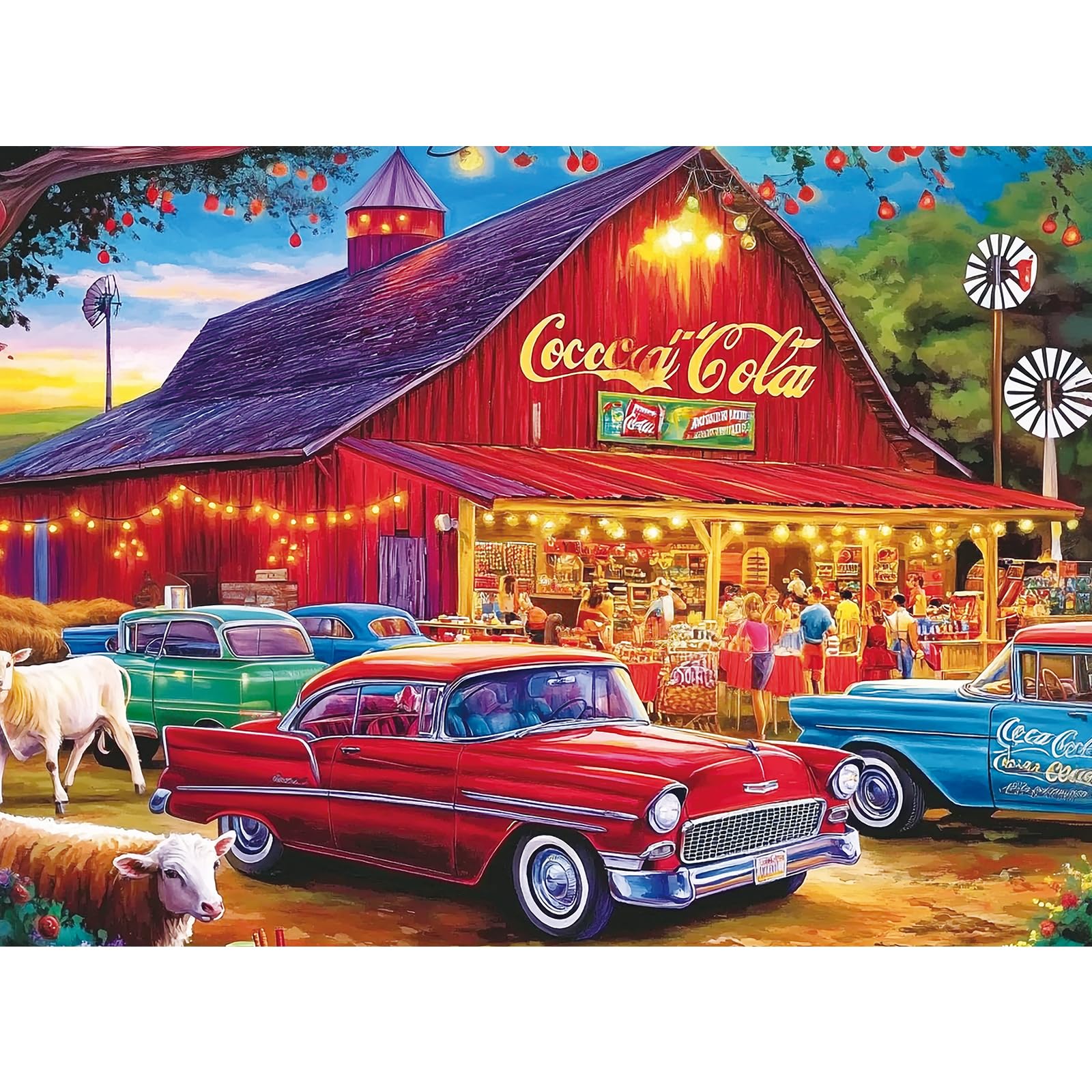 300 Piece Jigsaw Puzzle for Adults & Kids, Vintage Farm & Classic Cars | Colorful red barn, classic cars and lively country m
