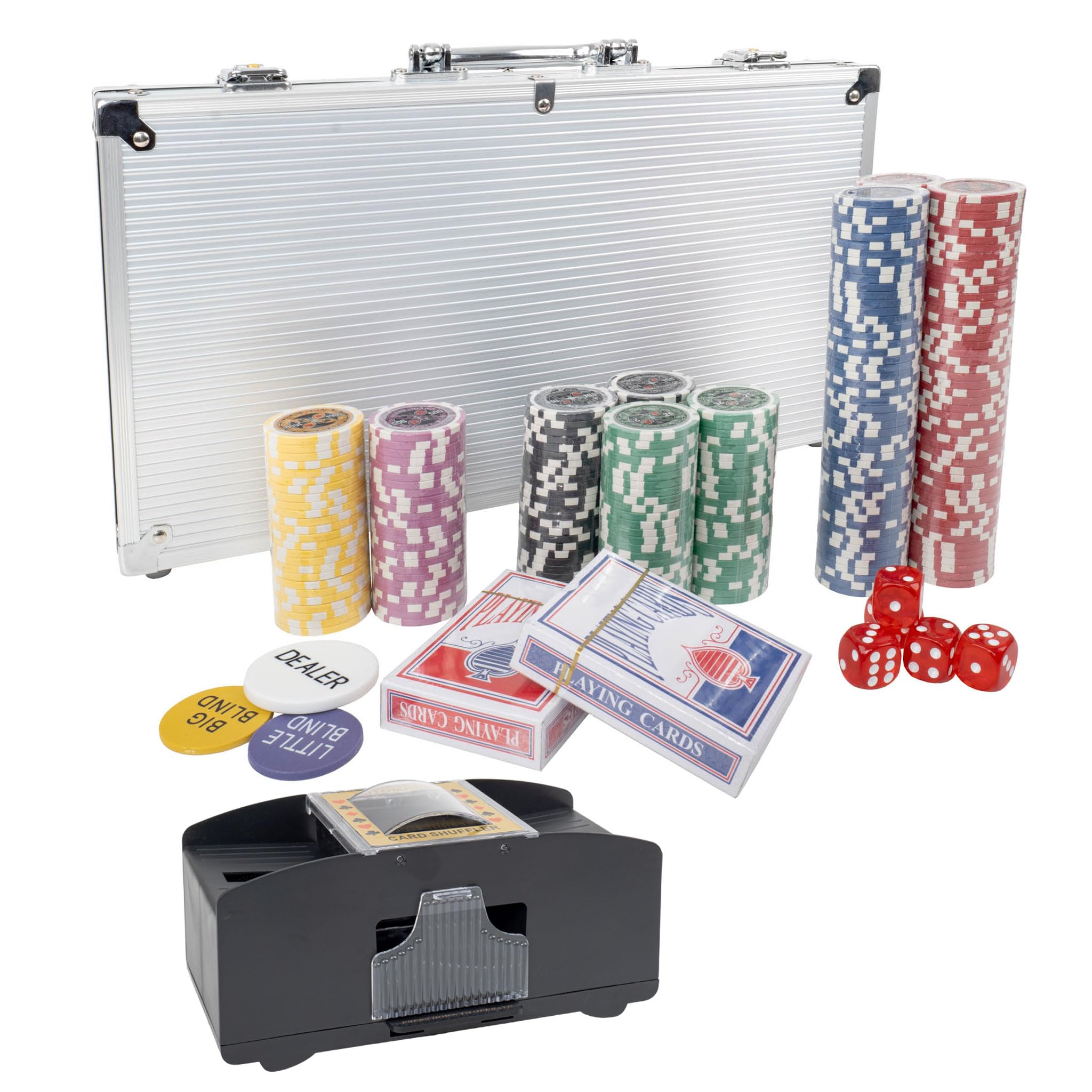 H&F Heimtextilien Set da poker Premium – 300 chip pesanti di alta qualità, 2 mazzi di carte, dadi, pulsante dealer, valigetta in alluminio, set da gioco professionale + mixer per carte