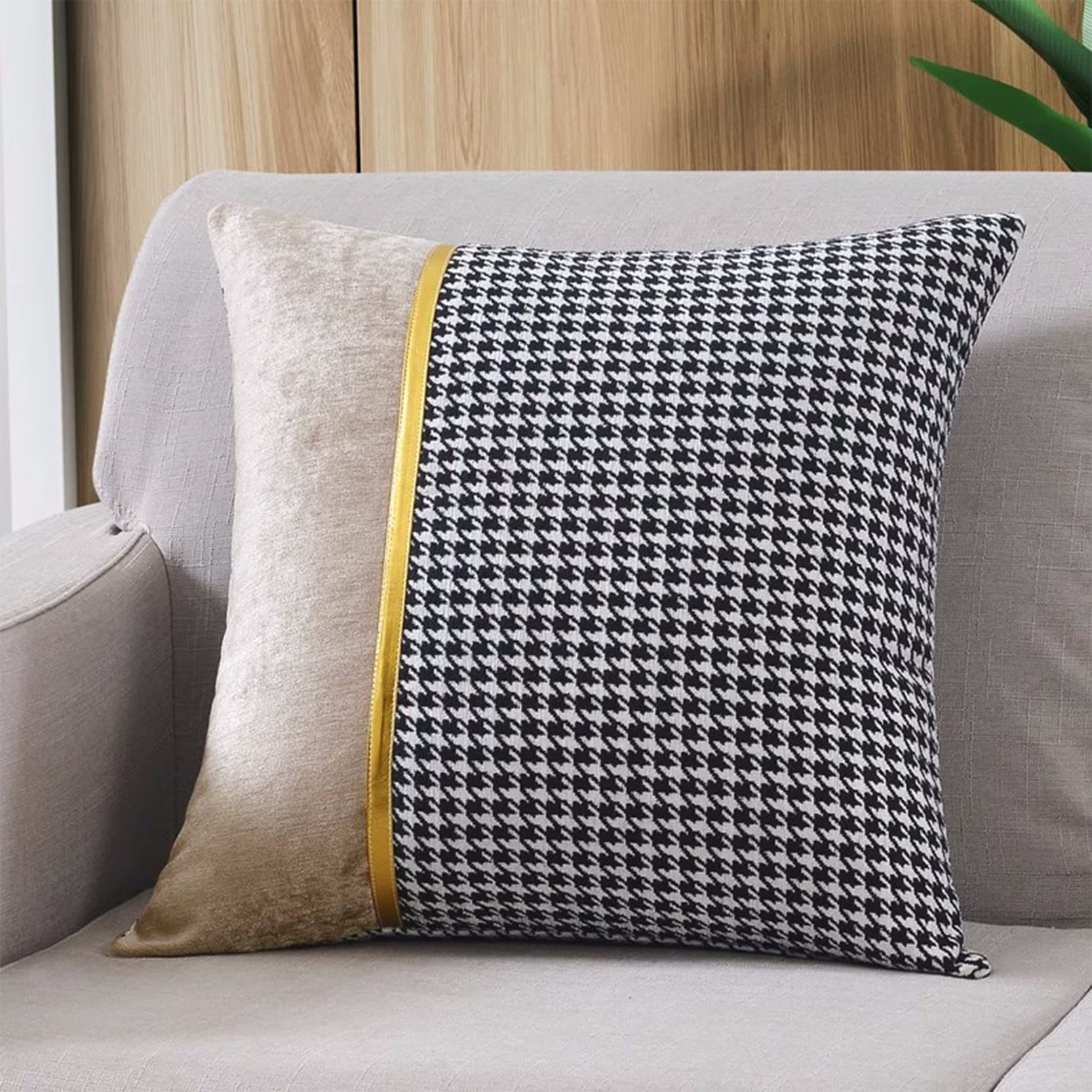 Copricuscini a righe in pelle dorata a quadri pied de poule, confezione da 2, 45x45-60x60 cm, ciniglia multicolore(Grey,50x50cm)