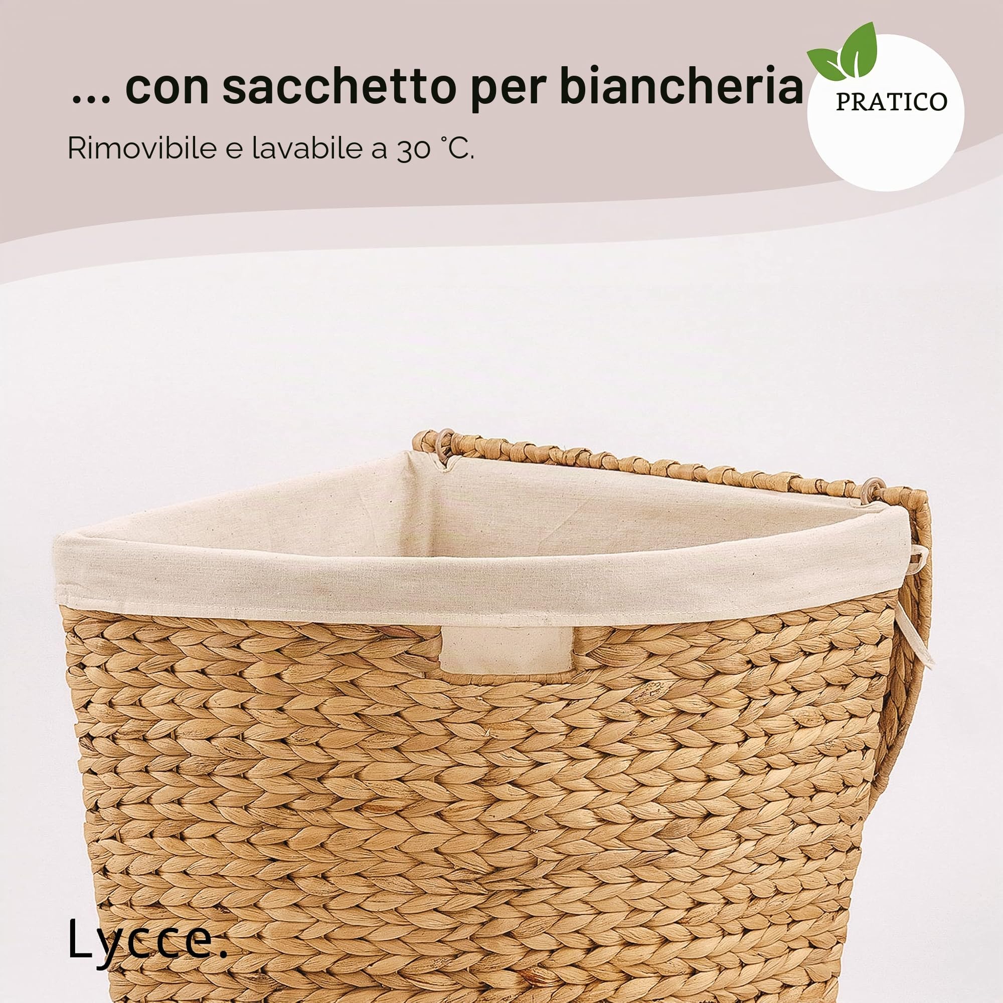 Lycce Cesto portabiancheria con coperchio, 30 l, in giacinto d'acqua, rettangolare, salvaspazio, design naturale, piccolo