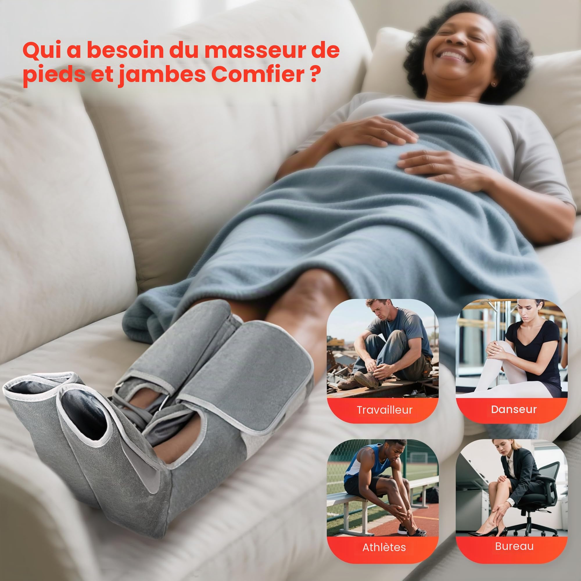COMFIER Appareil de massage des jambes avec fonction de compression et de chaleur, appareil de massage des pieds et des mollets avec 3 niveaux d'intensité et bottes de massage réglables