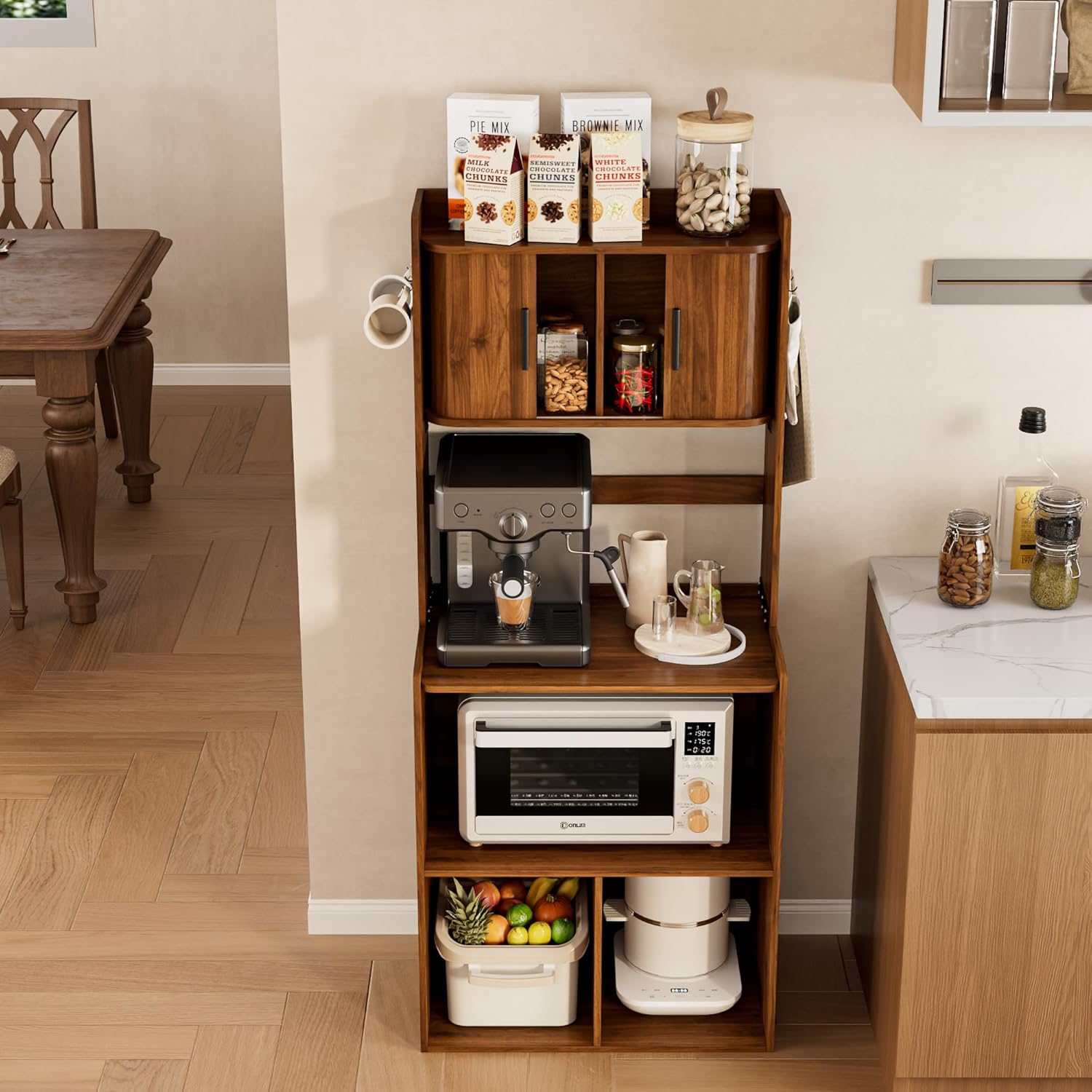 Kitchen Bakers Rack,Coffee Bar with Fluted Sliding Door,5-Tier Free Standing Kitchen Shelves Rack with 6 Hooks and Cable Holes,Microwave Stand for Small Spaces,Kitchen,Entryway,Living Room