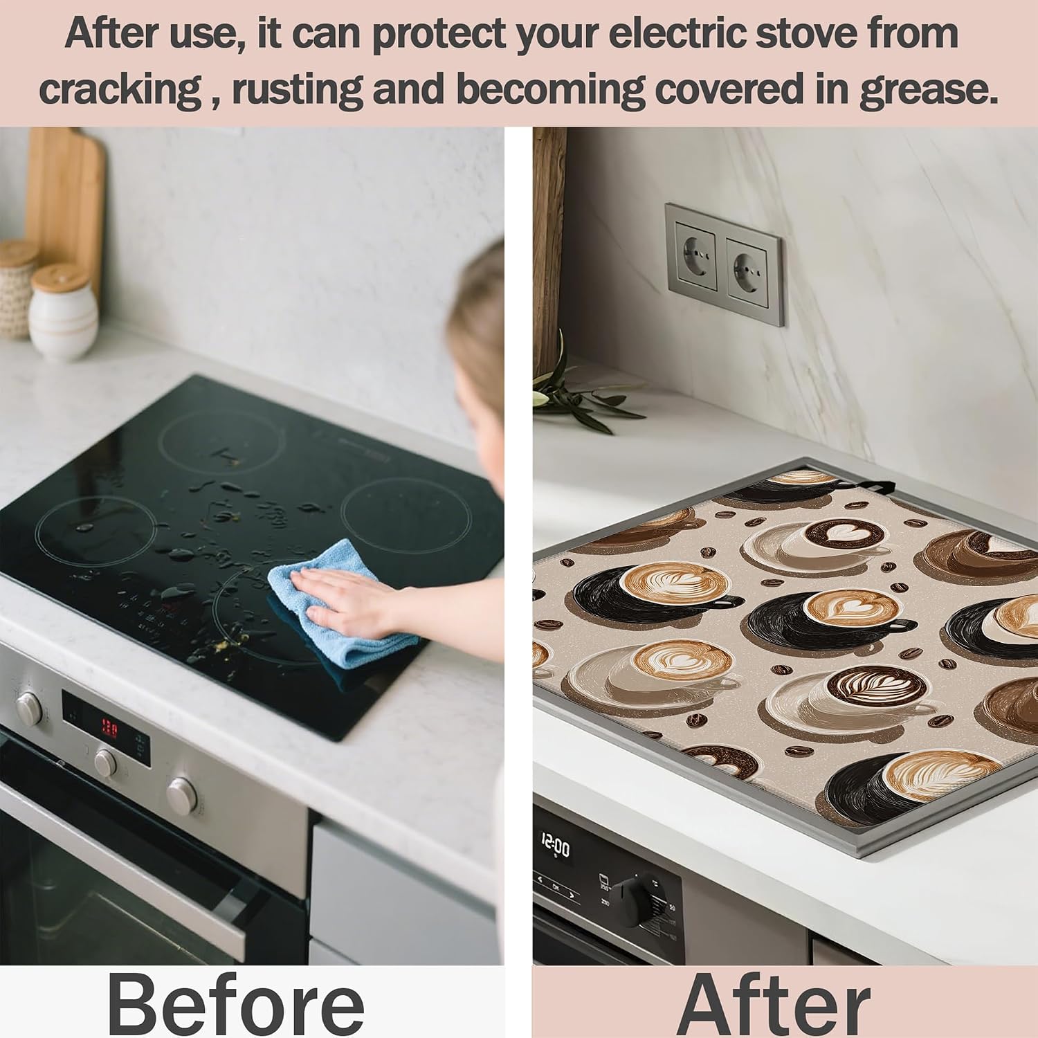 Coffee Cups Stove Top Cover for Electric Stove - Stove Mat for Glass Top, Multi-Functional Electric Oven Cover, Glass Cooktop Protector For Kitchen, Anti-Slip Pad 28"x20"