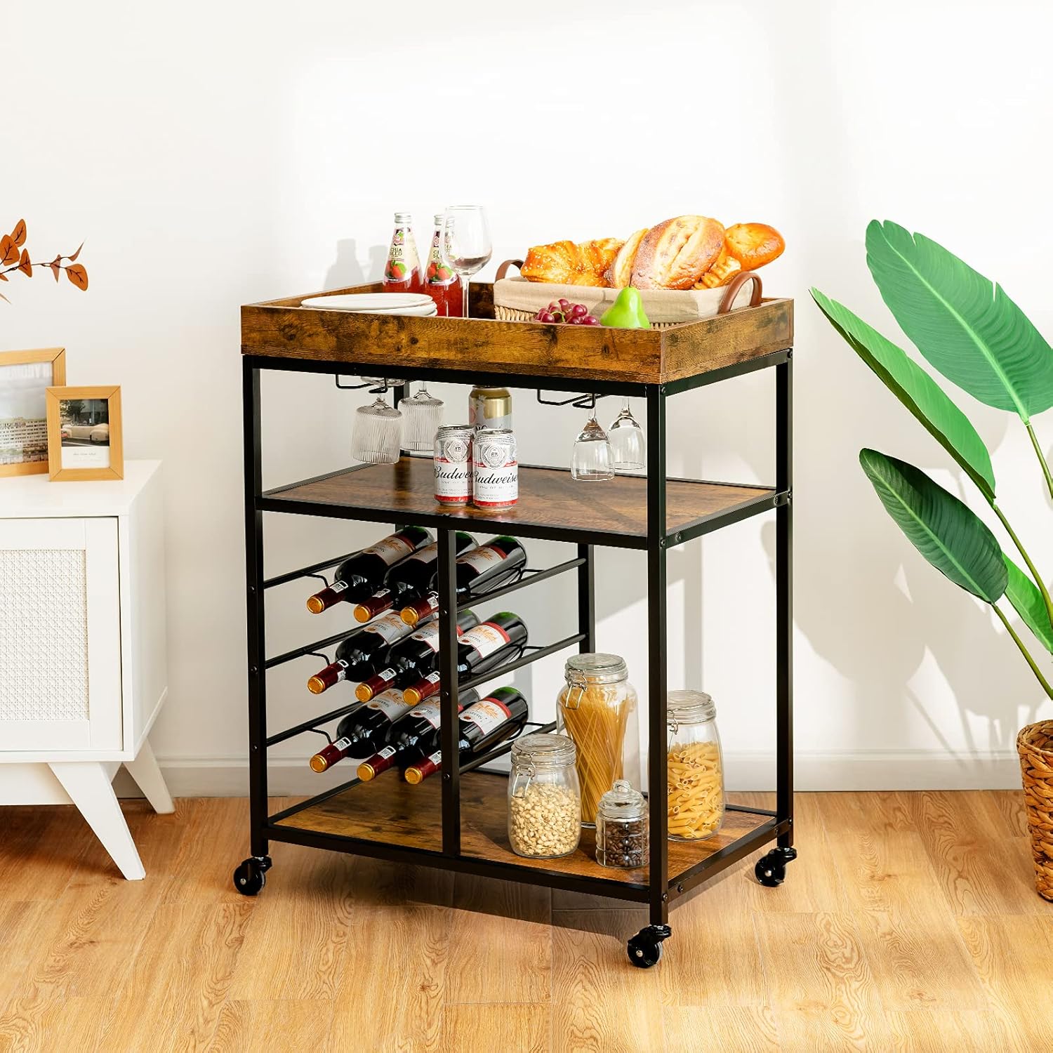Giantex Mobile Bar Serving Cart, Industrial Rolling Island Cart, Wood Home Utility Cart, Kitchen Trolley Stand with Glasses Holder 9 Wine Bottles Rack Open Shelf Metal Frame and Casters