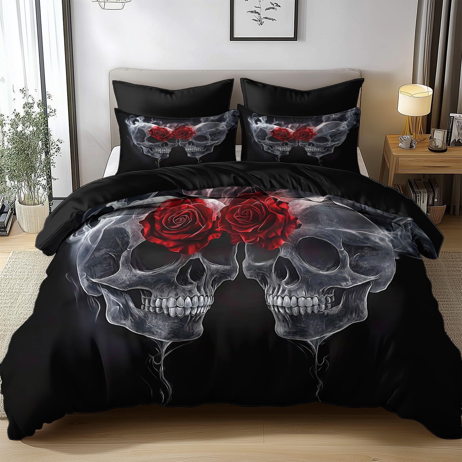 Parure de lit 220x240 zippée facile à enfiler housse noire crâne