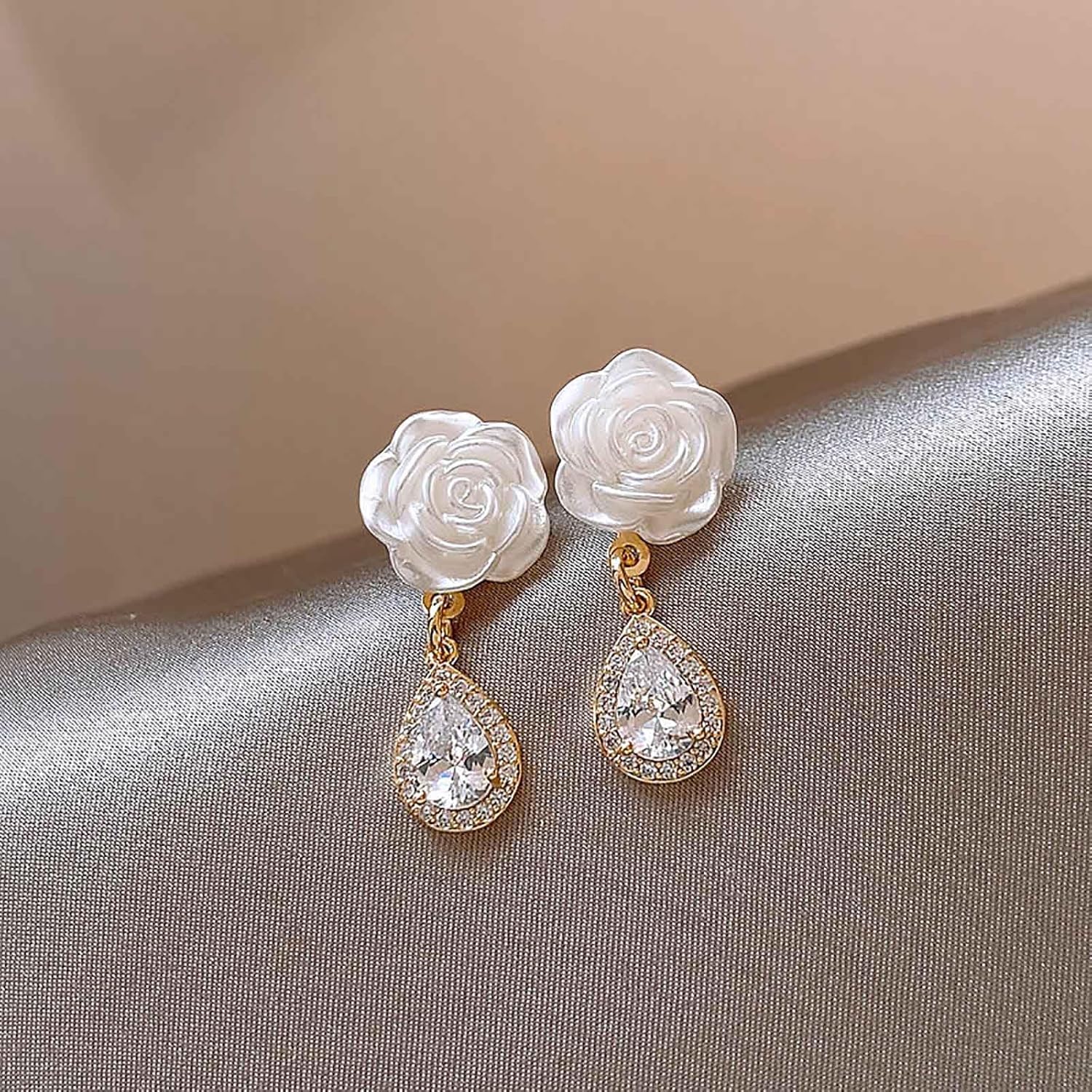 W WEILIRIAN Teardrop Crystal Dangle Earrings Boho Pearl Flower Earrings Flower Stud Earrings Sparkly Cz Earrings Rhinestone Pearl Bridal Wedding Earrings Jewelry - Image 5
