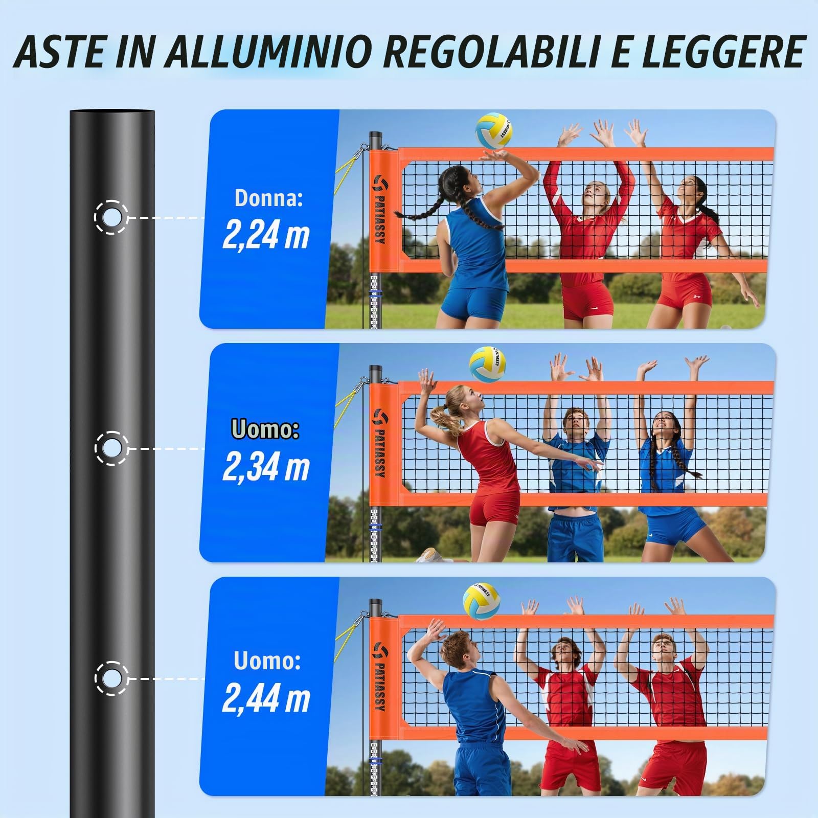 Rete da pallavolo professionale da giardino con aste regolabili in altezza [rivestimento antiruggine], linea di confine, pallavolo in poliuretano, pompa, tenditori, borsa per il trasporto