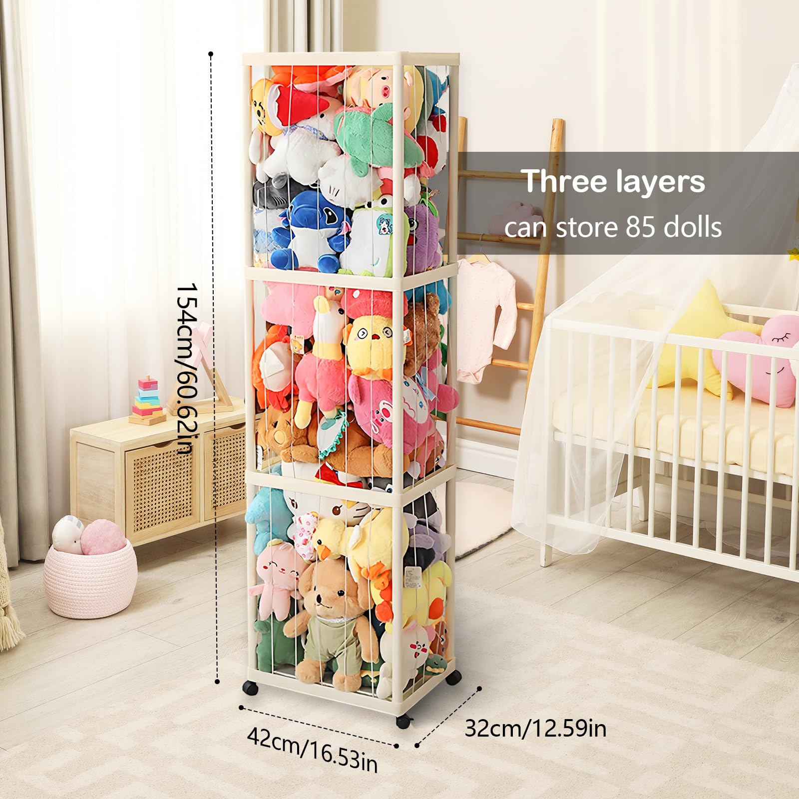Kuscheltier Aufbewahrung, Stofftier Aufbewahrung mit Elastisches Band und 360°Bremse-Ausgestattete Räder Plüschtier Lagerung Kuscheltierzoo für Kinderzimmer Spielzimmer Schlafzimmer Organizer