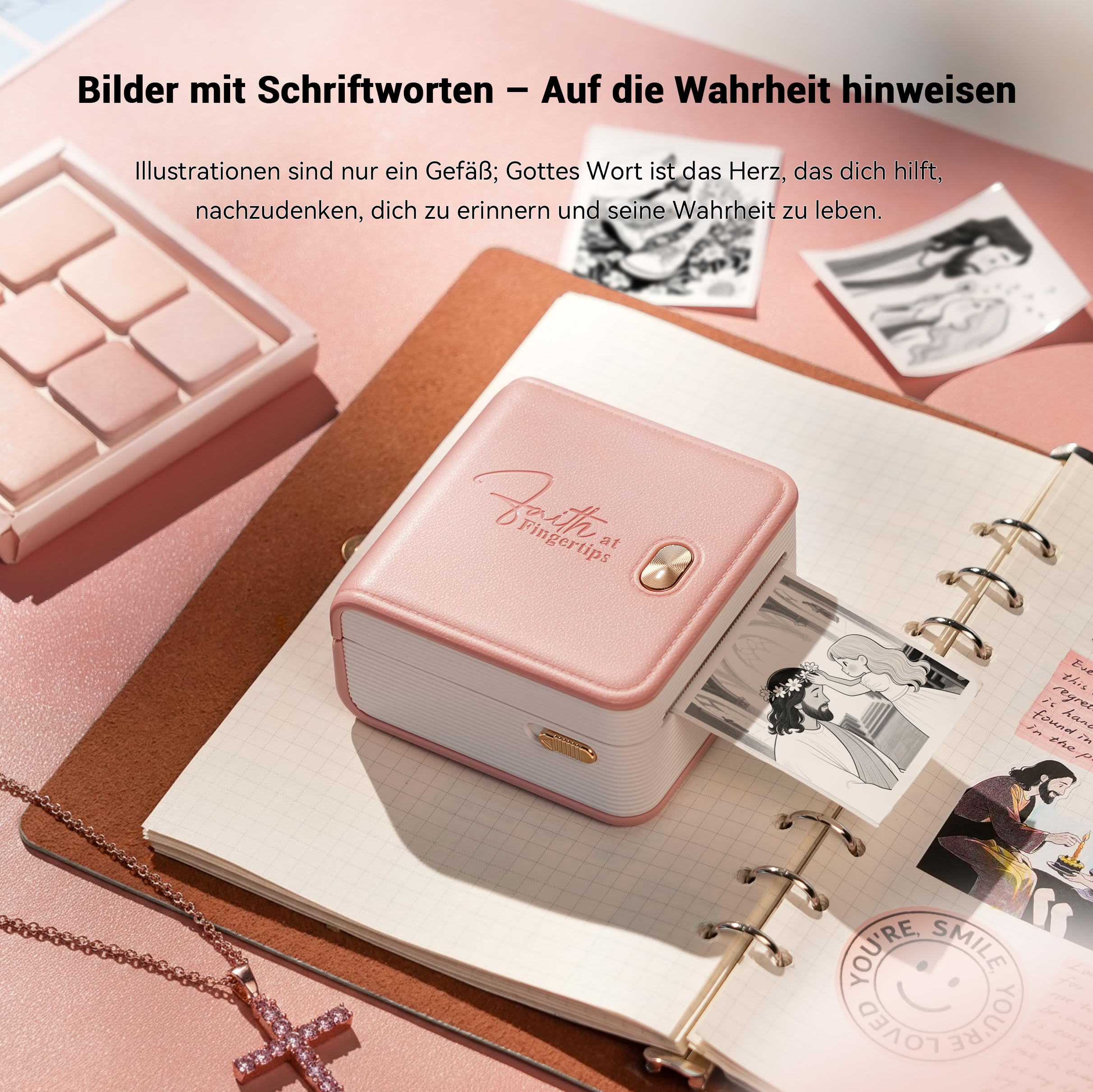 Rosa Bibel Zubehör, Mini Aufkleberdrucker F21 Set für Bibel Journaling, Christliche Geschenke für Frauen, Kinder, Familie und Gruppenstudien, mit 3 Rollen Aufklebern, Oster Geschenk Set