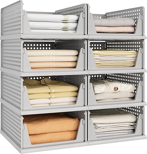 Miniatura 12 de Pinkpum Paquete de 8 organizadores de armario y almacenamiento apilables de plástico, contenedores de almacenamiento plegables para armario, cocina,