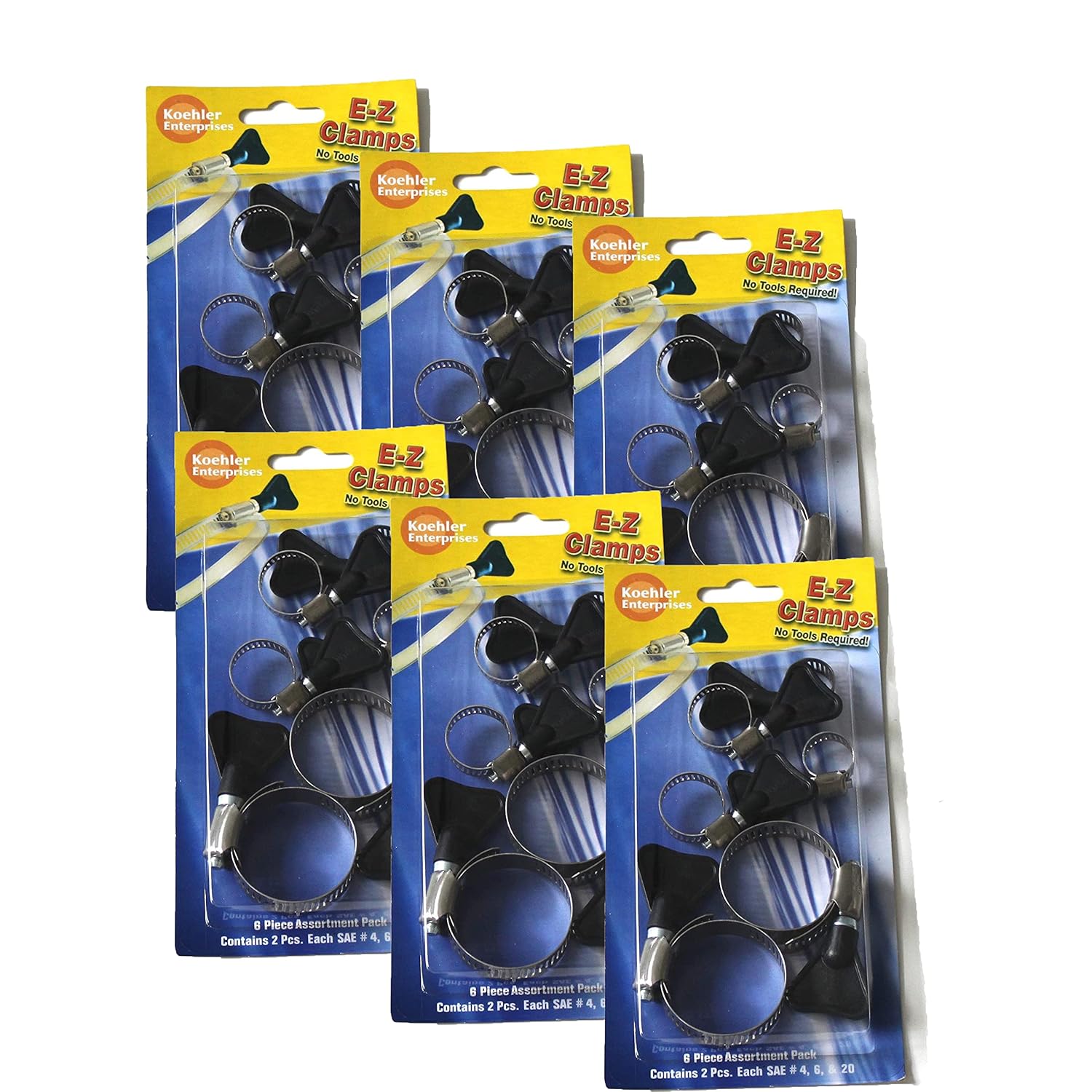 Koehler Enterprises EZ01B Easy Clamp Blister Pack, 6 Piece (2 pieces each SAE Size 4, 6 and 20. No Tools Required) - Pack of 6,EZ01BN | No-Tool Easy Clamps | SAE Sizes 4, 6 and 20 | 6-Pack