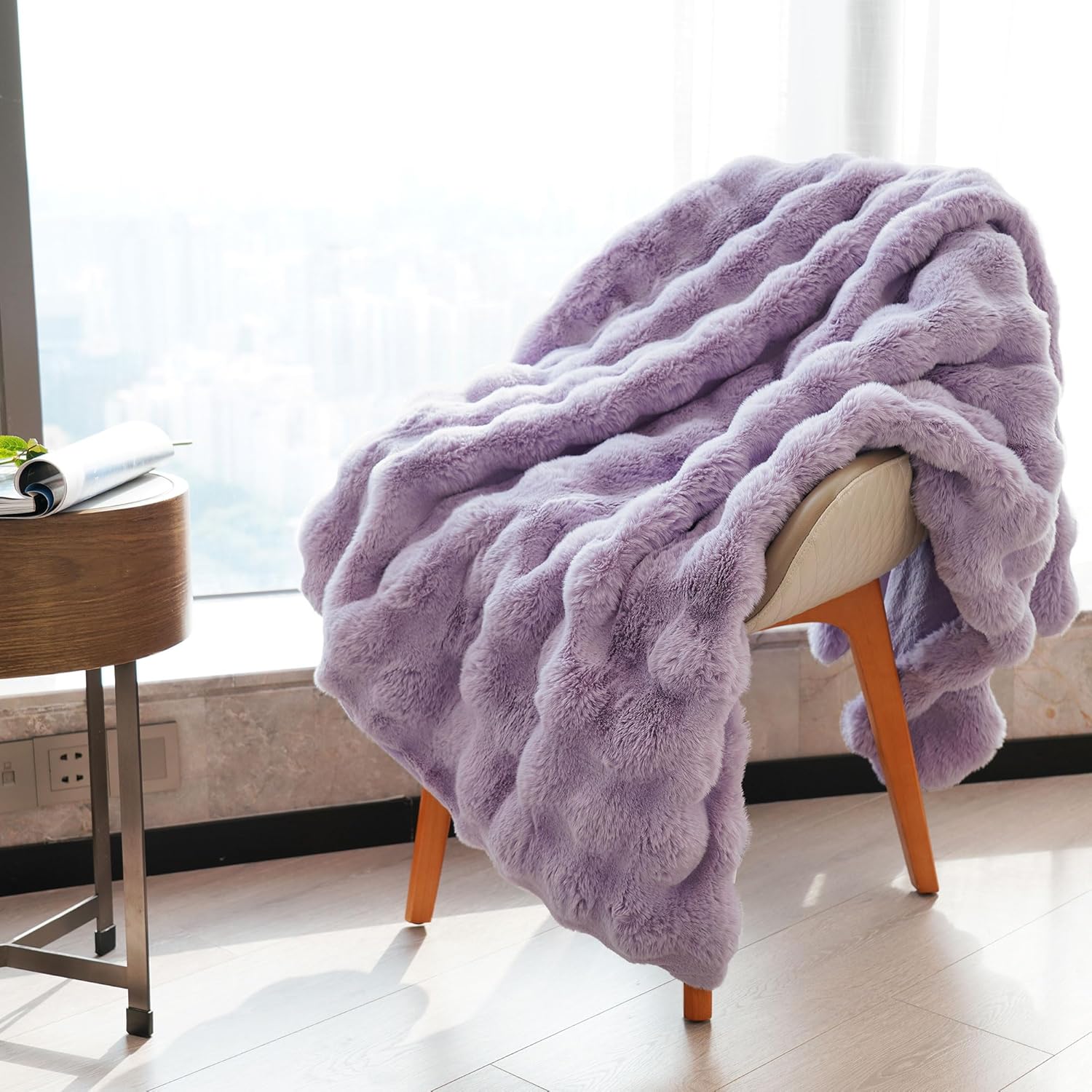 DREAMNINE Decorative Soft Fuzzy Faux Fur Throw Blanket for Couch Sofa 50" x 60", Reversible Plush Microfiber Thick Warm Fluffy Blankets for Winter, Cute Cozy Bubble Furry Blanket for Bed Chair, Purple - Image 2