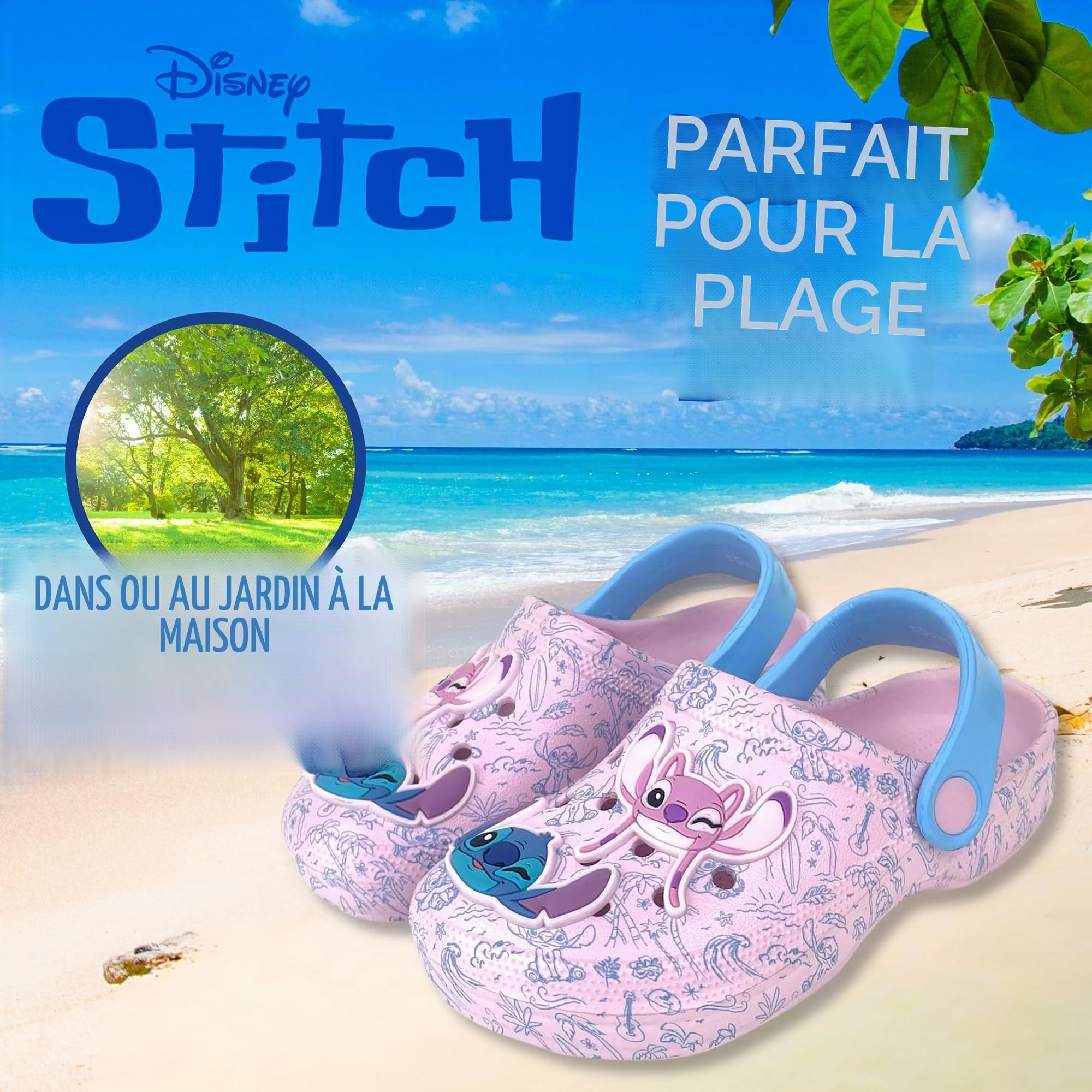 Disney Filles Stitch et Angel Clogs avec Charms Sandales d'été Sliders avec Sangle de Cheville Chaussures de Plage