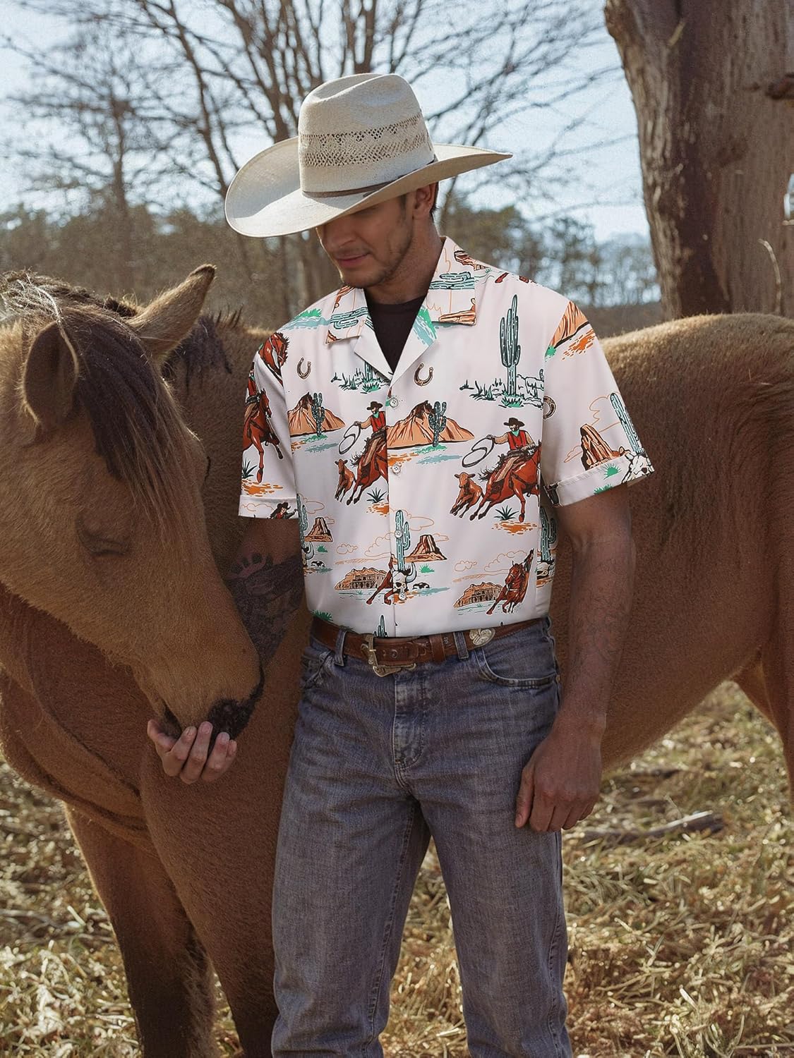 MYMORE Men's 2025 Western Cowboy Shirts Short Sleeve Vintaged Print Rodeo Button Up Shirt Summer Hawaiian Graphic Outfit - Image 5