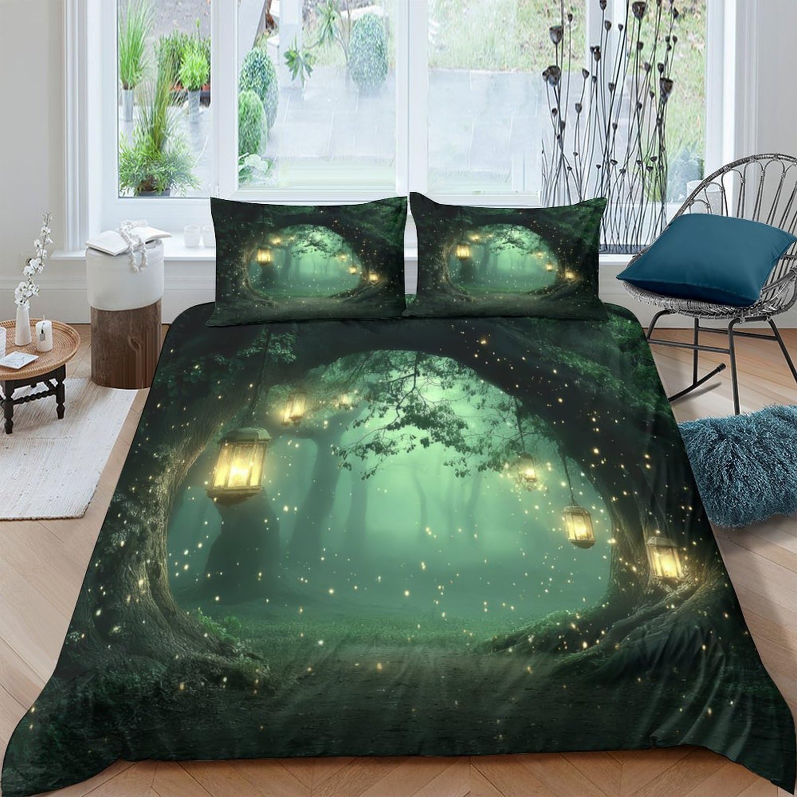 Ctjqhvkz Style-1 3D Printed Enchanted Forest Fitted Sheet Microfiber Soft Breathable Fairy Lights Mattress Cover Bedroom Dorm Decor Single（135X200cm）