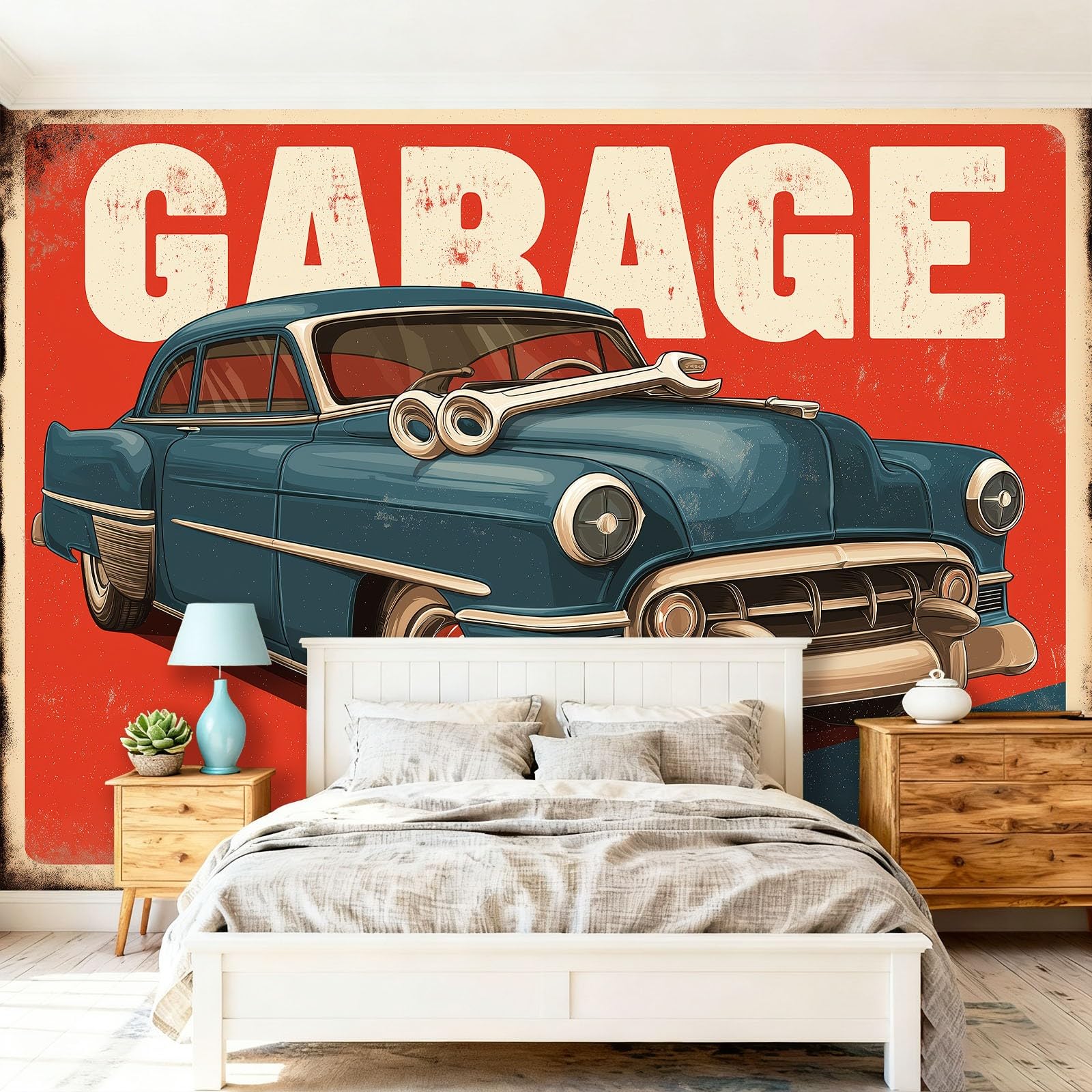 Tapeta samochodowa w stylu vintage 400 x 280 cm, plakat na ścianę mural dekoracja ścienna salon sypialnia pokój dziecięcy, czerwony