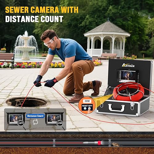 Miniatura 2 de Anysun Cámara de alcantarillado, cámara de serpiente de 100 pies con contador de distancia, DVR, equipo de inspección de tuberías de alcantarillado
