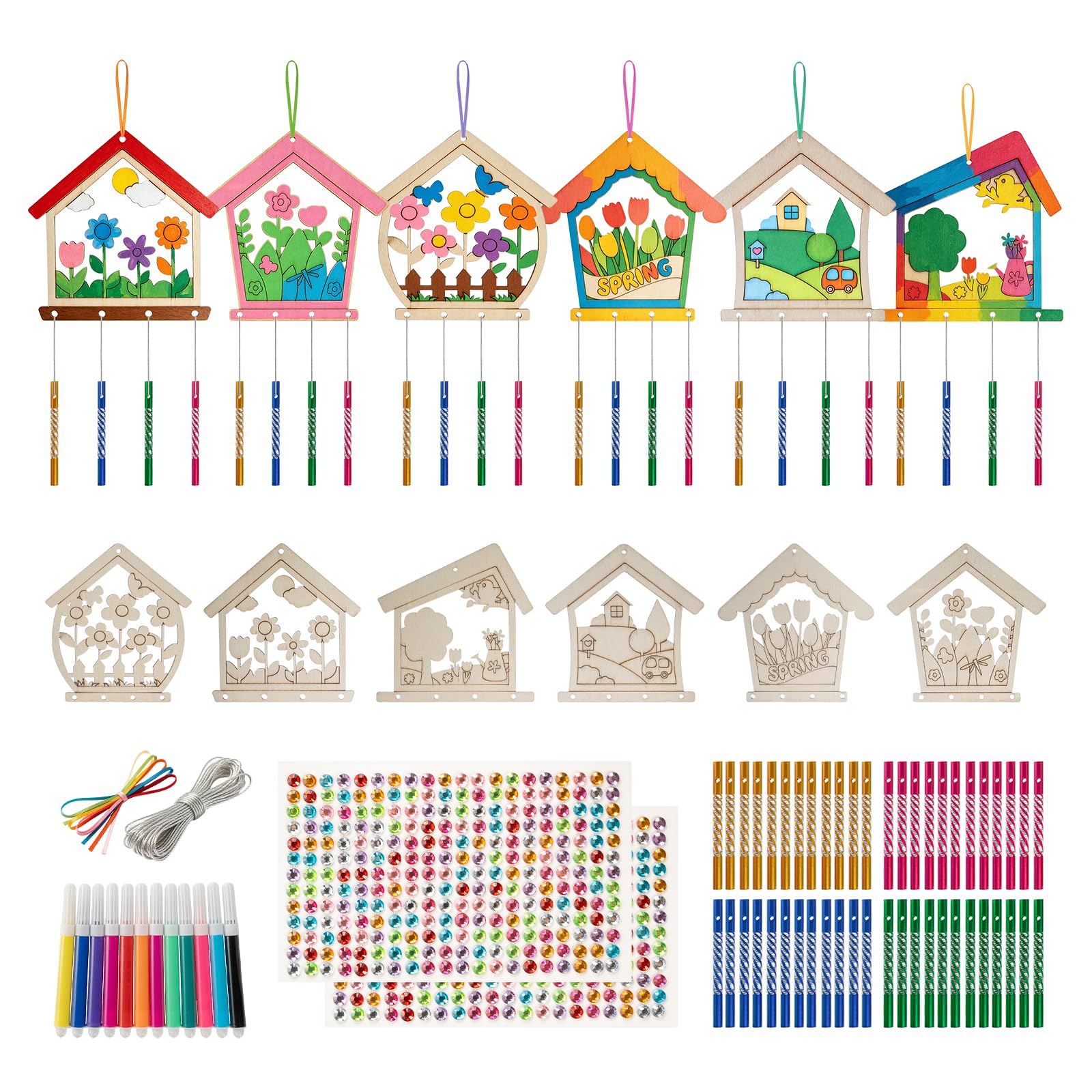 IONEKIUK 12 Pack DIY Wooden Wind Chime Kit for Kids, Flower House Wind Chimes Craft Set with Colouring Pens, Ribbons & Diamond Stickers, Arts and Crafts for Girls Boys, Garden Decoration Gift